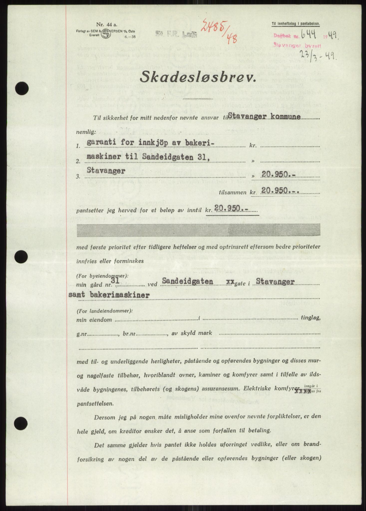 Stavanger byrett, SAST/A-100455/002/G/Gb/L0032: Mortgage book, 1947-1950, Diary no: : 644/1949