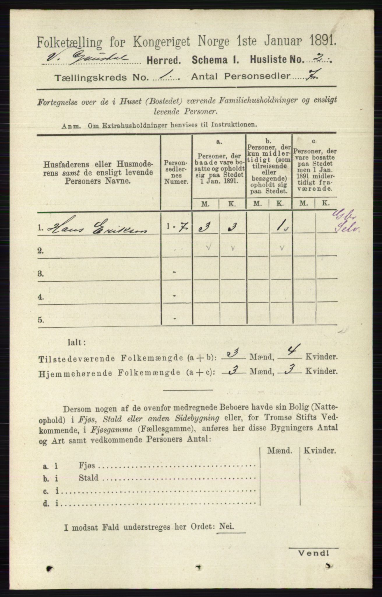 RA, 1891 census for 0523 Vestre Gausdal, 1891, p. 25