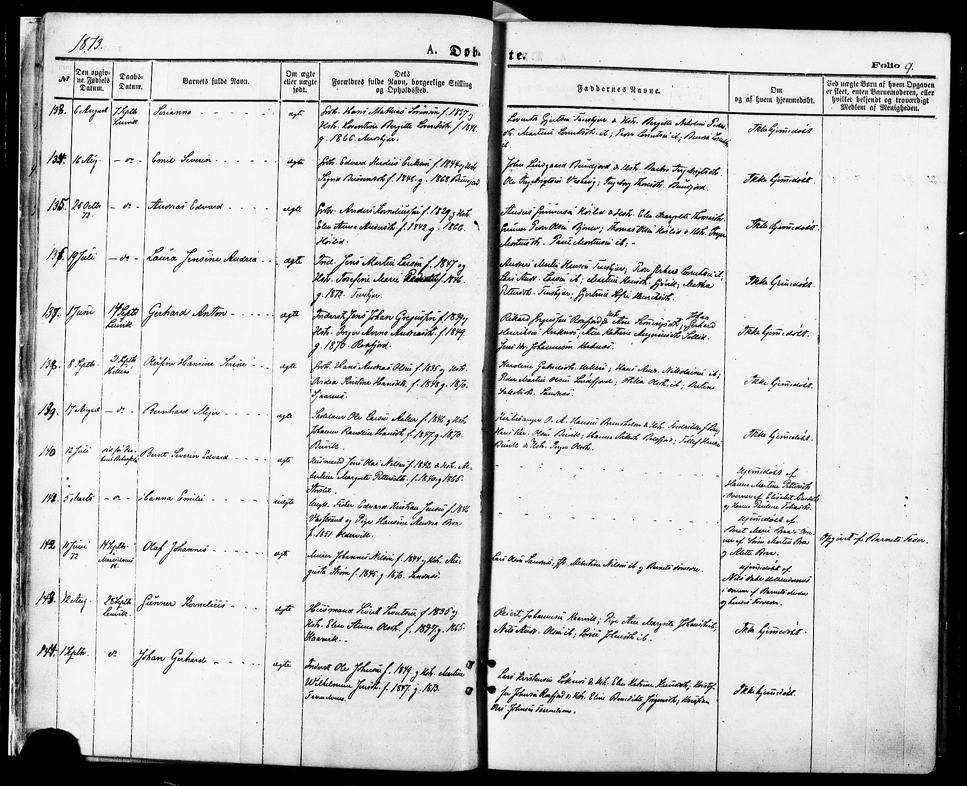 Lenvik sokneprestembete, AV/SATØ-S-1310/H/Ha/Haa/L0010kirke: Parish register (official) no. 10, 1873-1880, p. 9