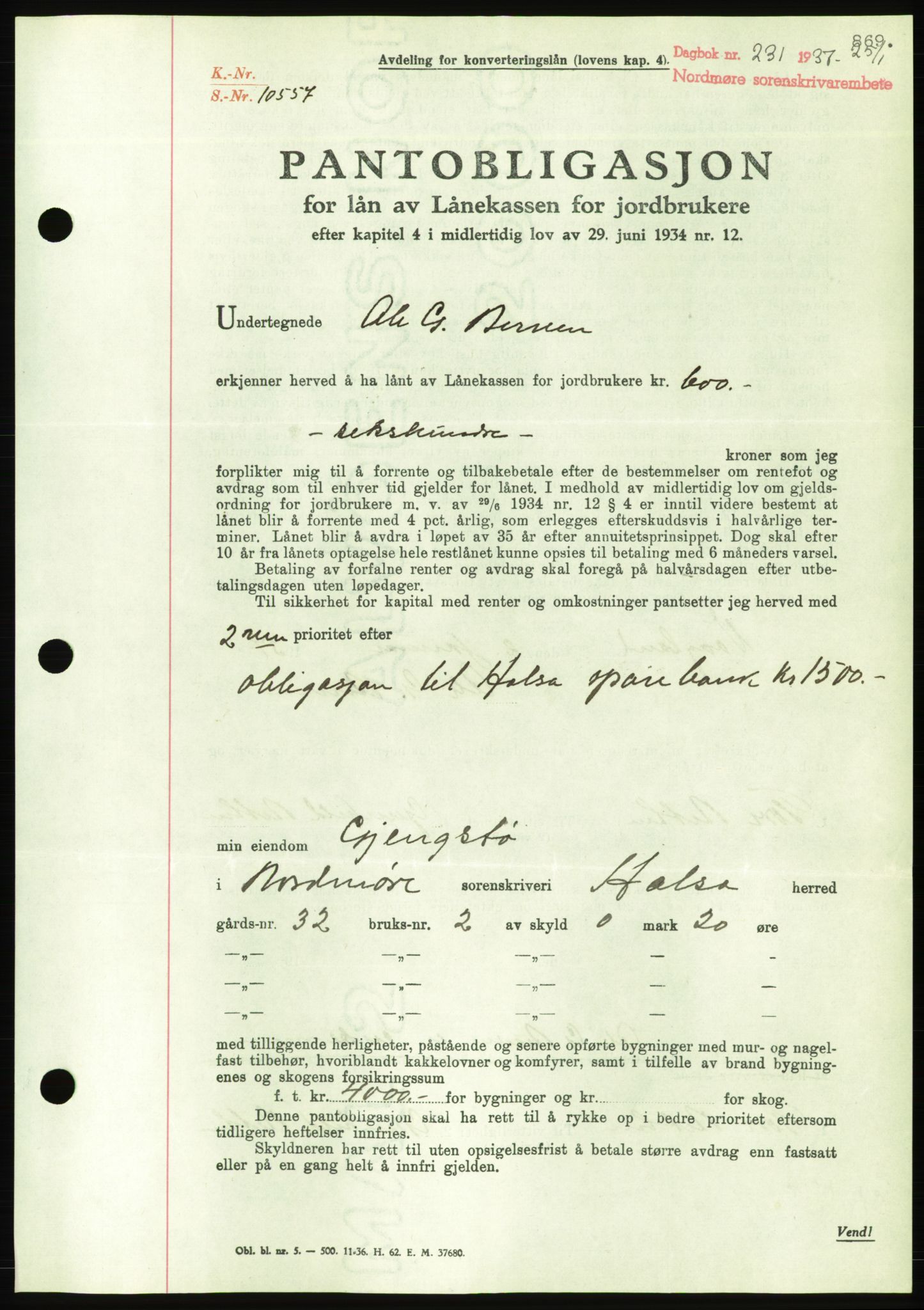 Nordmøre sorenskriveri, AV/SAT-A-4132/1/2/2Ca/L0090: Mortgage book no. B80, 1936-1937, Diary no: : 231/1937