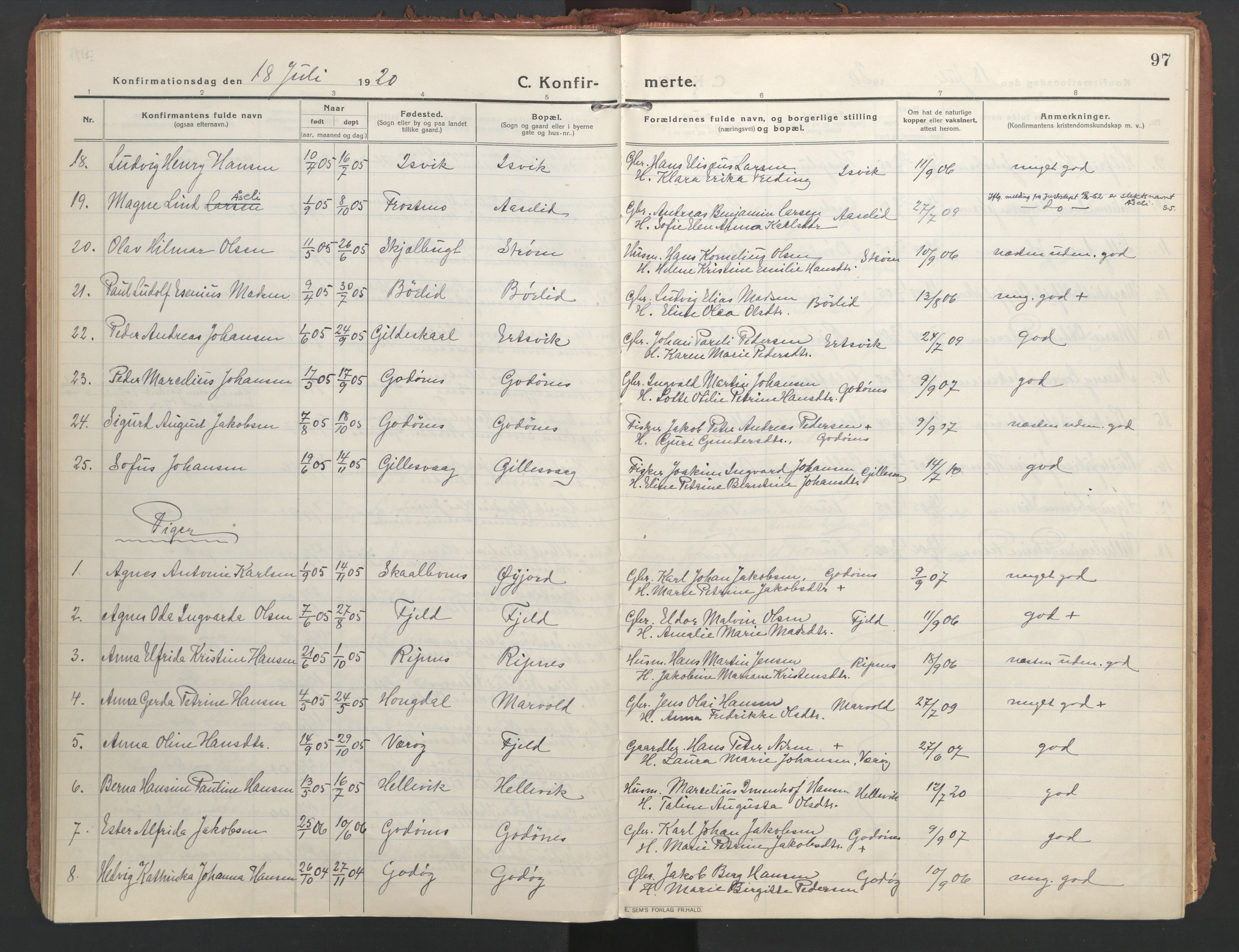 Ministerialprotokoller, klokkerbøker og fødselsregistre - Nordland, AV/SAT-A-1459/804/L0086: Parish register (official) no. 804A07, 1916-1935, p. 97