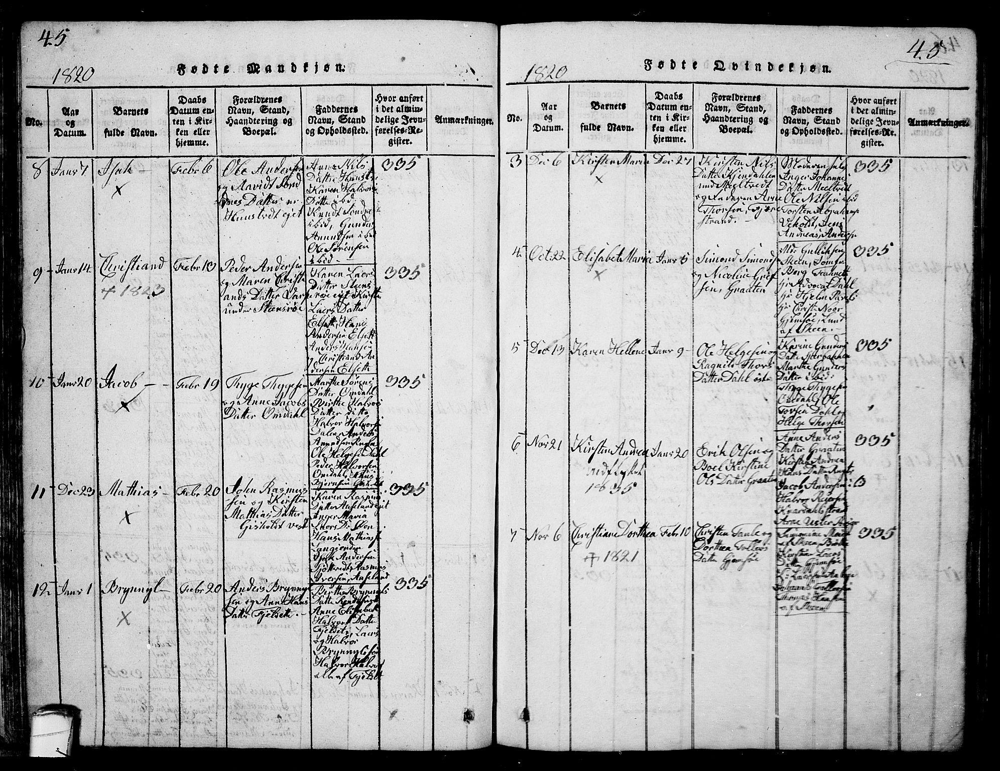 Solum kirkebøker, AV/SAKO-A-306/G/Ga/L0001: Parish register (copy) no. I 1, 1814-1833, p. 45