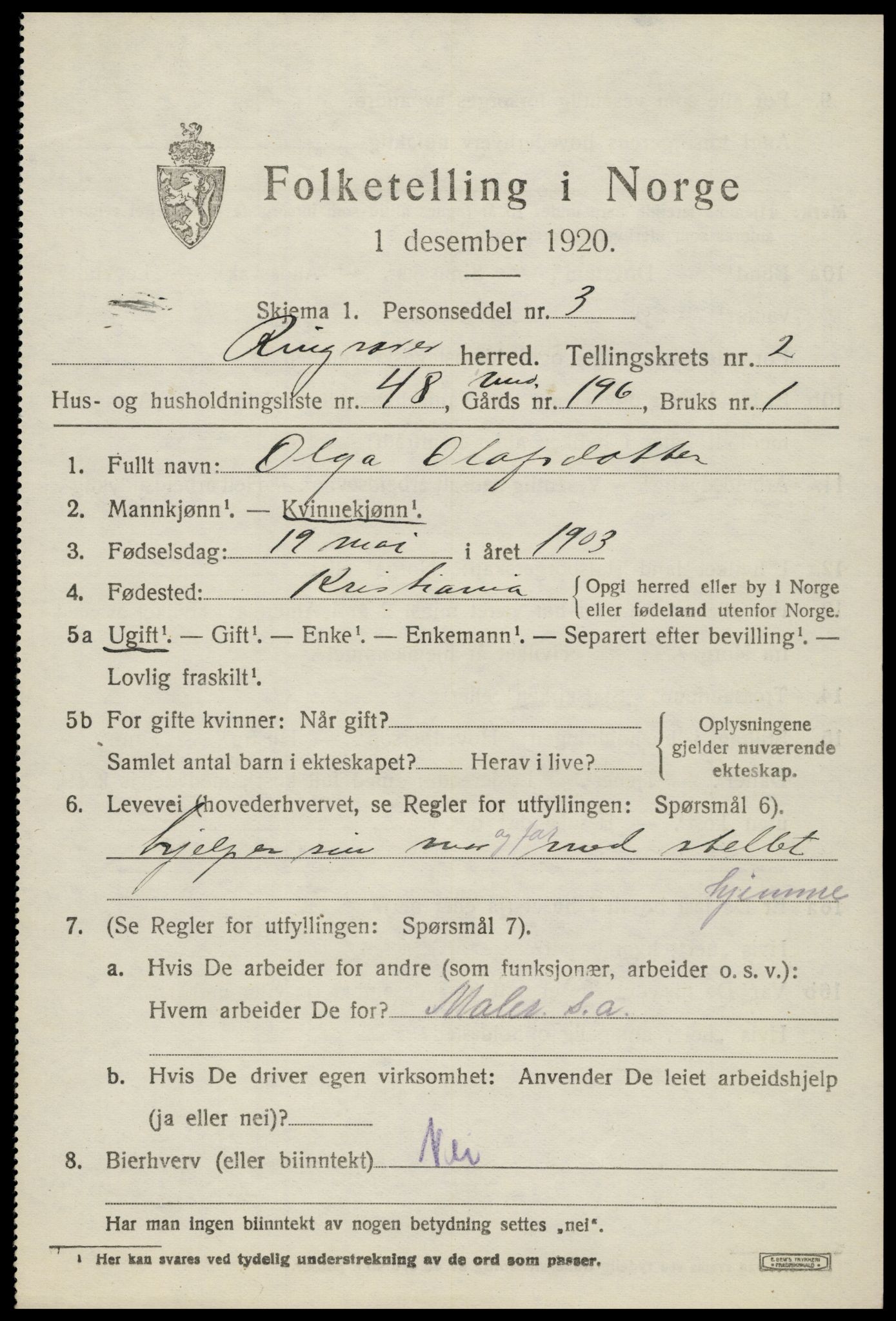 SAH, 1920 census for Ringsaker, 1920, p. 6942