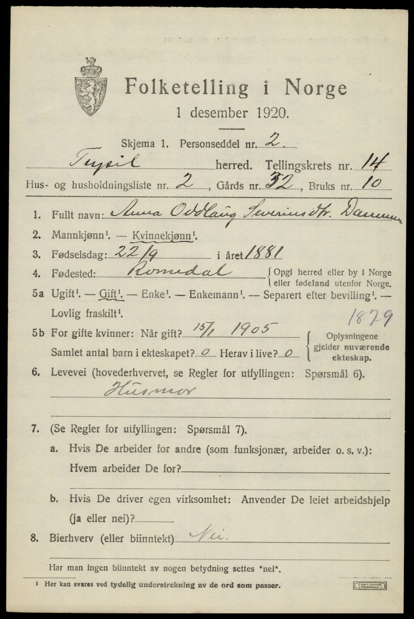 SAH, 1920 census for Trysil, 1920, p. 7885