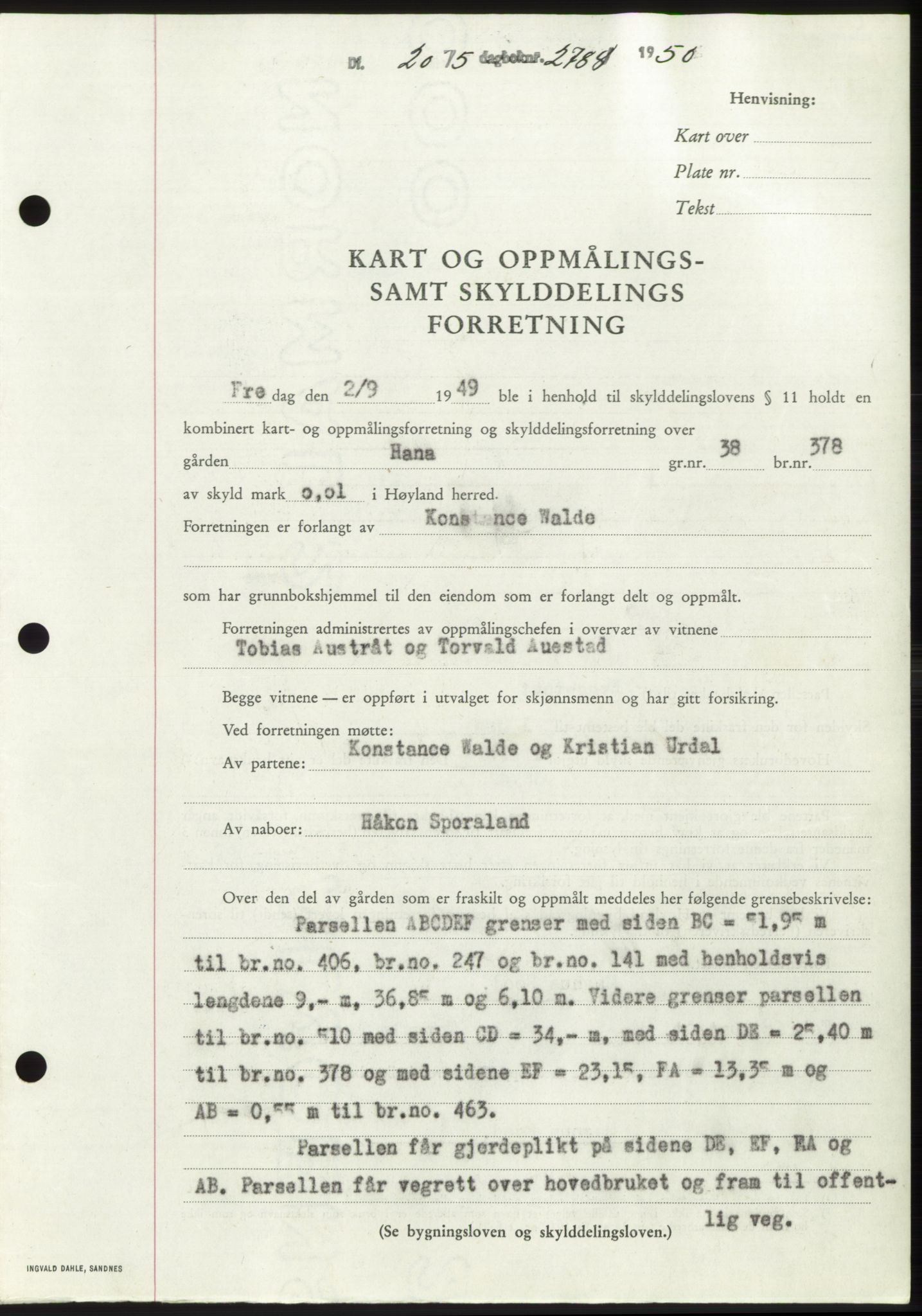 Jæren sorenskriveri, SAST/A-100310/03/G/Gba/L0107: Mortgage book, 1950-1950, Diary no: : 2788/1950