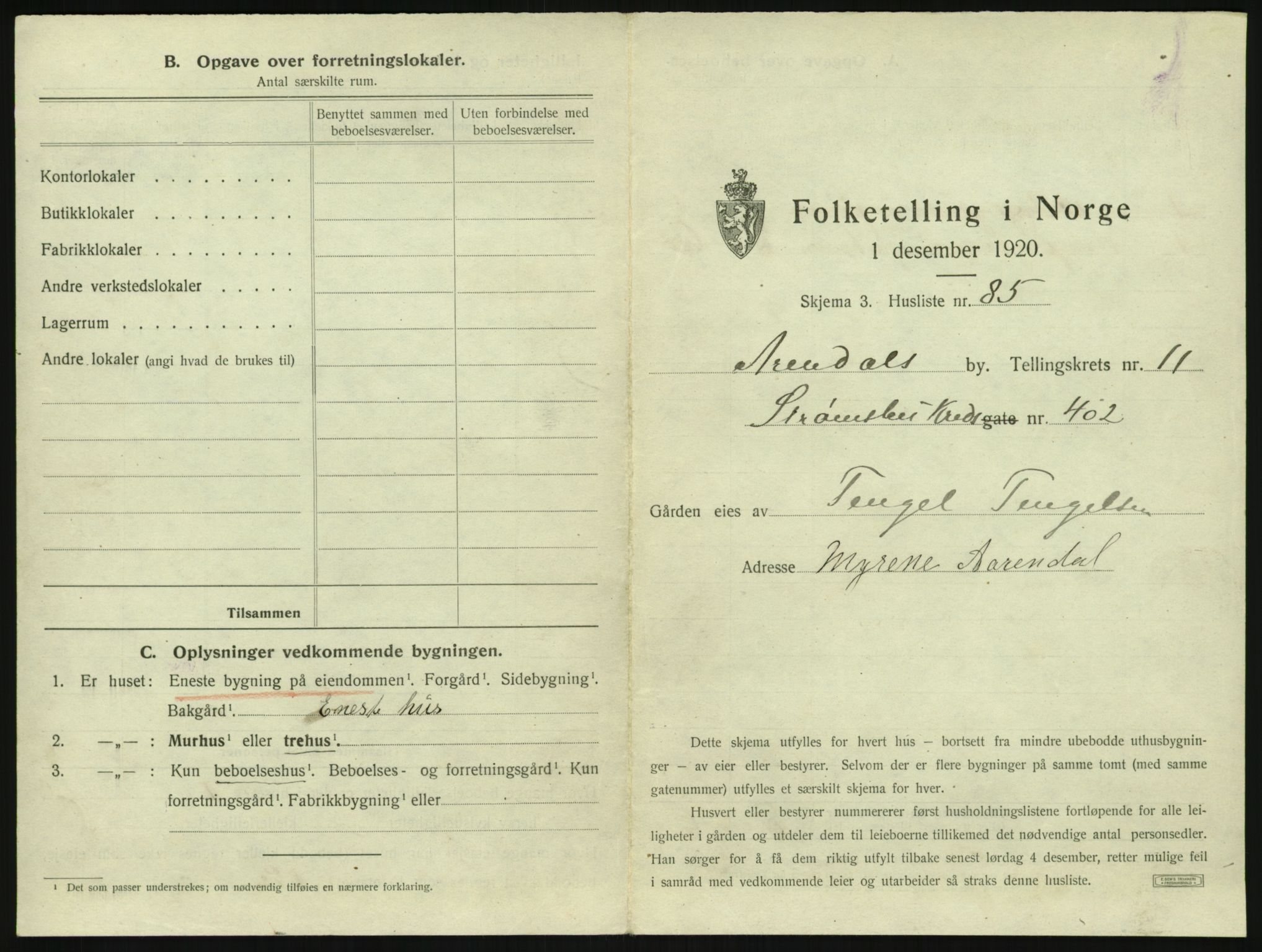 SAK, 1920 census for Arendal, 1920, p. 1642