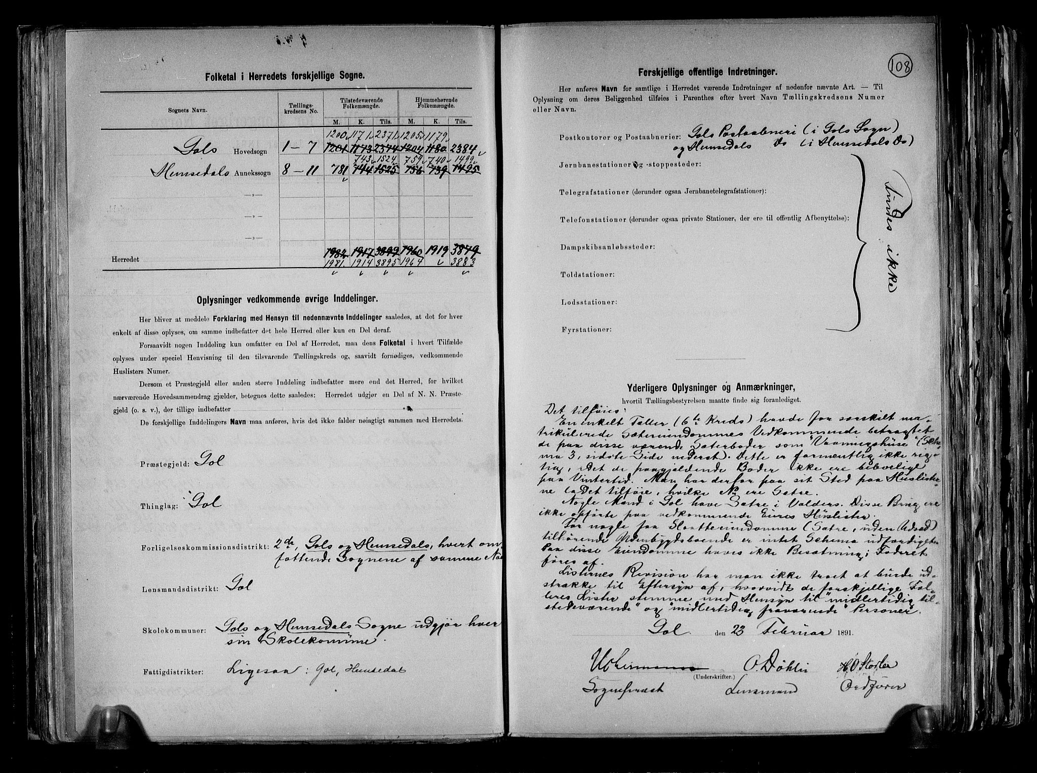 RA, 1891 census for 0617 Gol og Hemsedal, 1891, p. 3