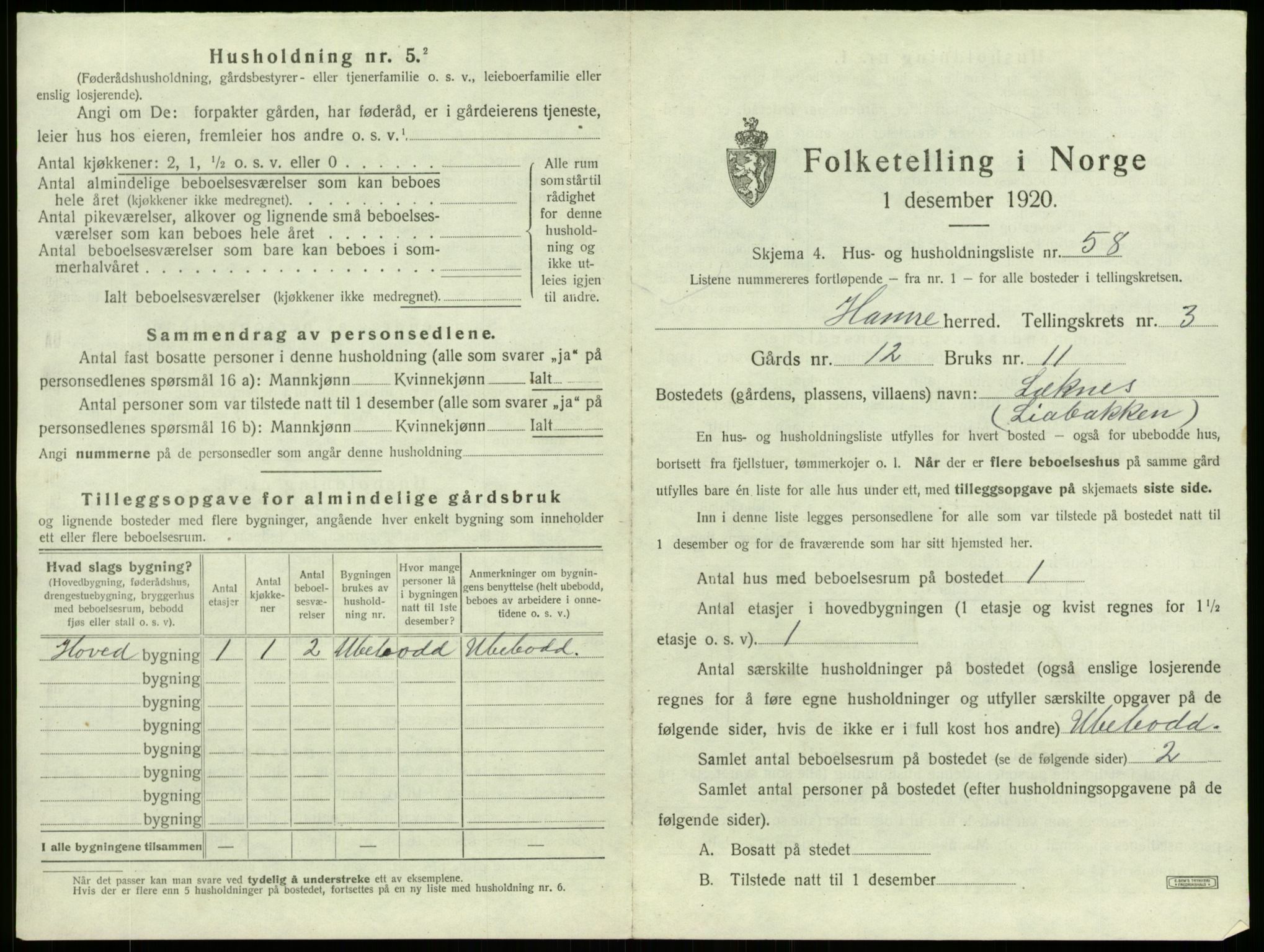 SAB, 1920 census for Hamre, 1920, p. 314