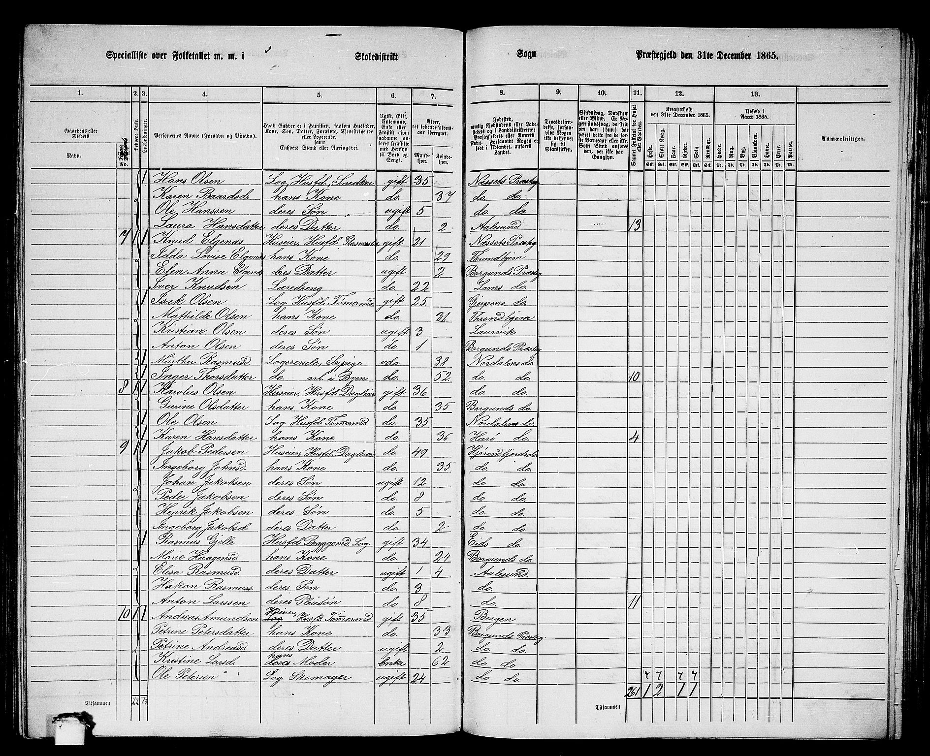 RA, 1865 census for Borgund, 1865, p. 170