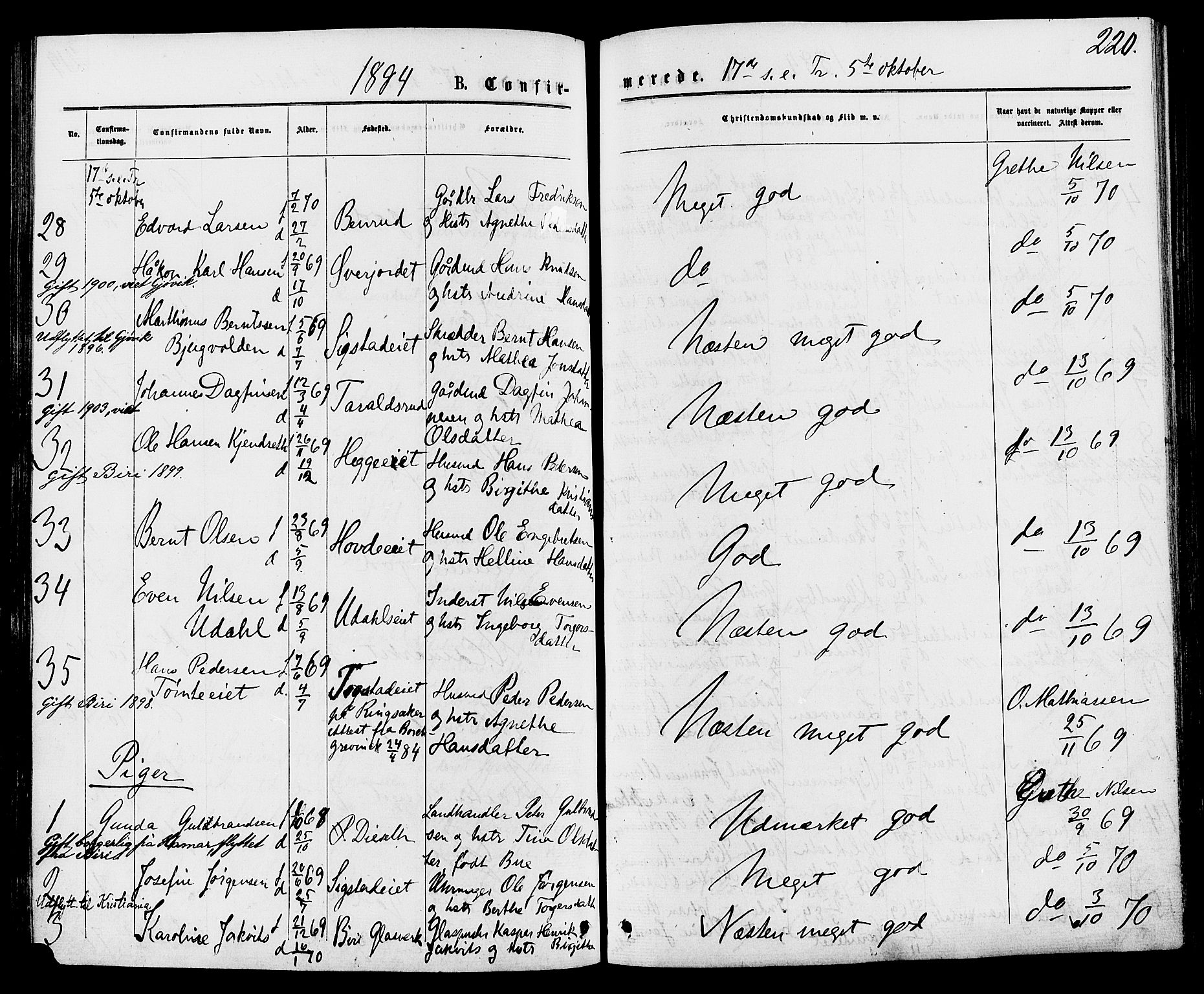 Biri prestekontor, AV/SAH-PREST-096/H/Ha/Haa/L0006: Parish register (official) no. 6, 1877-1886, p. 220