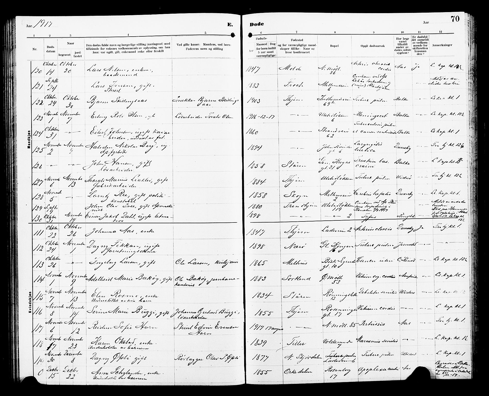 Ministerialprotokoller, klokkerbøker og fødselsregistre - Sør-Trøndelag, AV/SAT-A-1456/605/L0257: Parish register (copy) no. 605C04, 1916-1922, p. 70