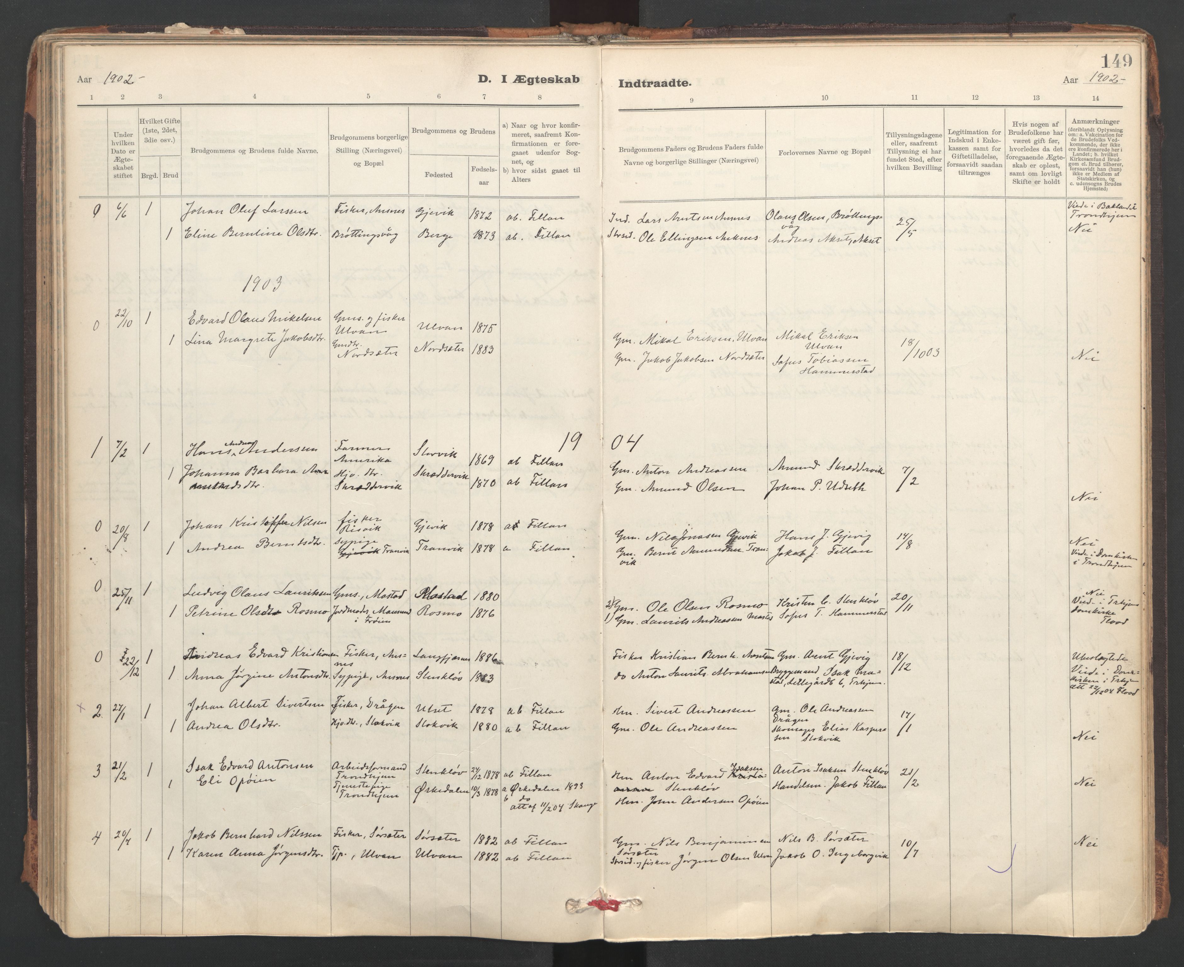 Ministerialprotokoller, klokkerbøker og fødselsregistre - Sør-Trøndelag, AV/SAT-A-1456/637/L0559: Parish register (official) no. 637A02, 1899-1923, p. 149