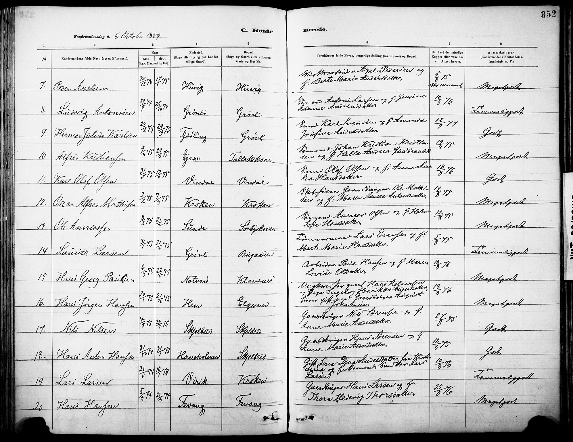 Sandar kirkebøker, AV/SAKO-A-243/F/Fa/L0012: Parish register (official) no. 12, 1883-1895, p. 352