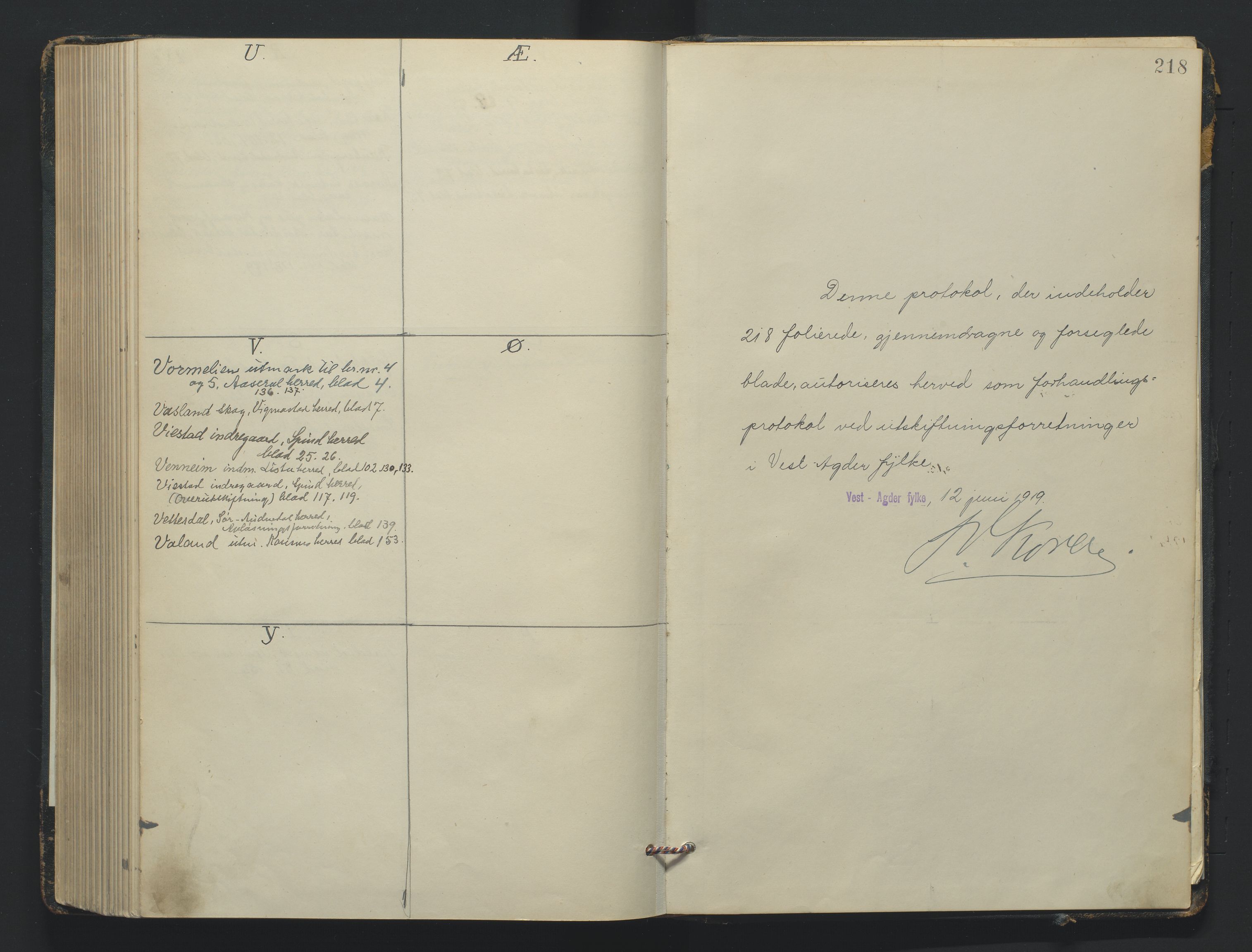 Utskiftningsformannen i Lister og Mandal amt, SAK/1541-0003/F/Fa/Faa/L0043: Utskiftningsprotokoll med register nr A-11, 1919-1921, p. 217b-218a