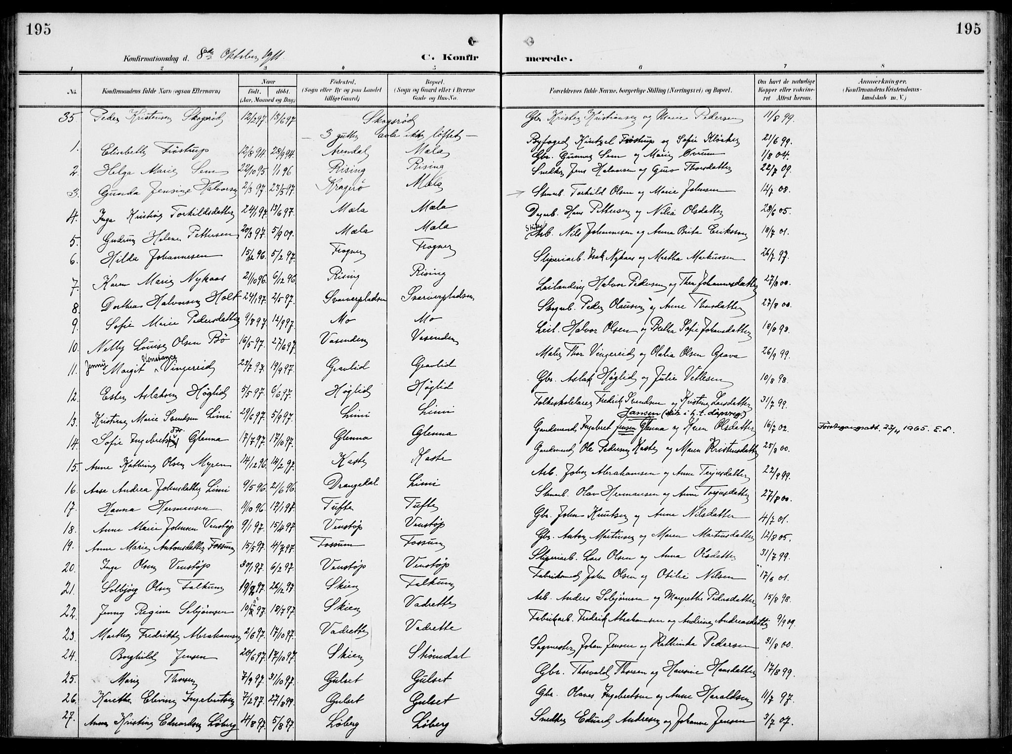Gjerpen kirkebøker, SAKO/A-265/F/Fa/L0012: Parish register (official) no. I 12, 1905-1913, p. 195