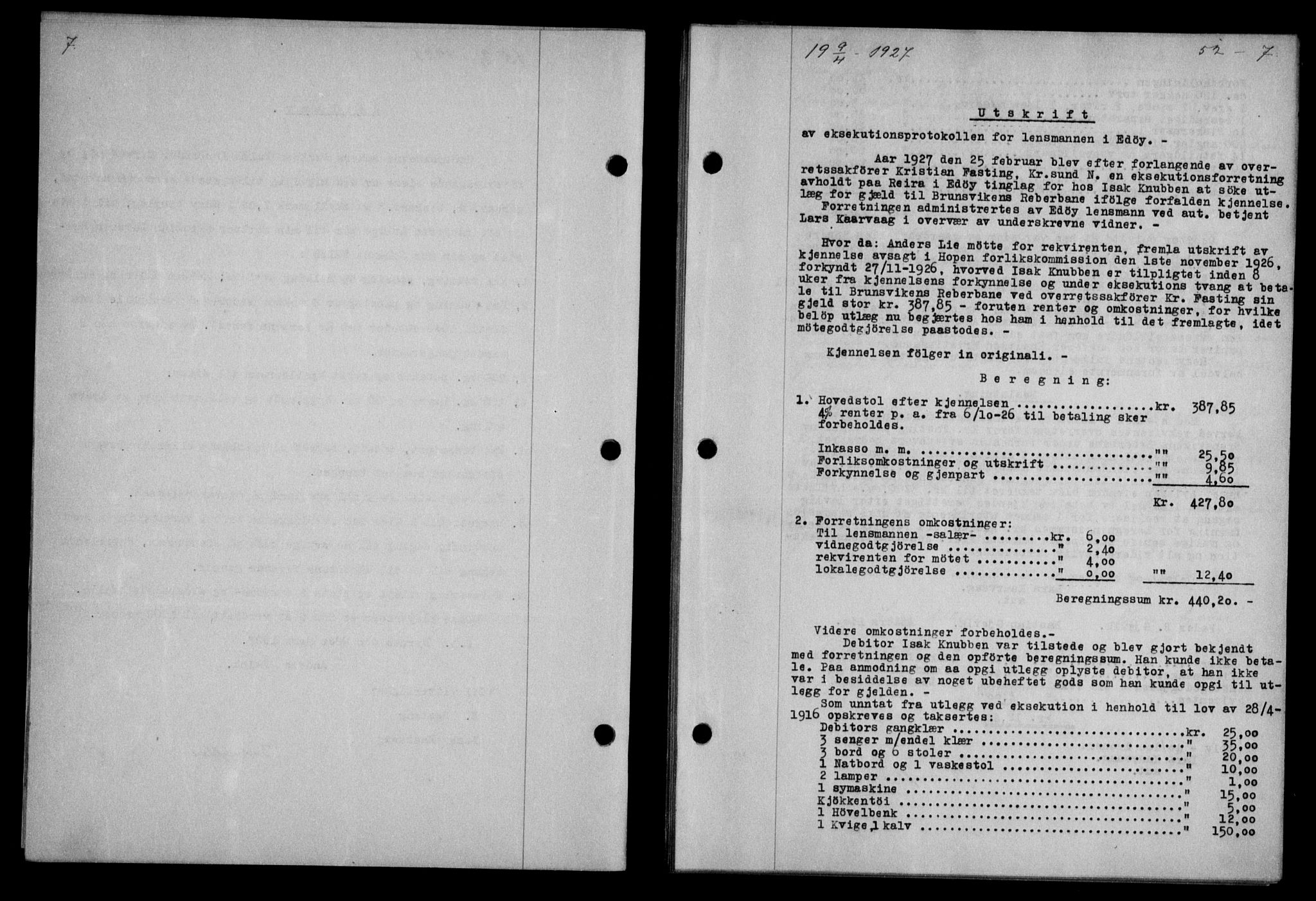 Nordmøre sorenskriveri, AV/SAT-A-4132/1/2/2Ca/L0062: Mortgage book no. 52, 1927-1927, Deed date: 09.04.1927