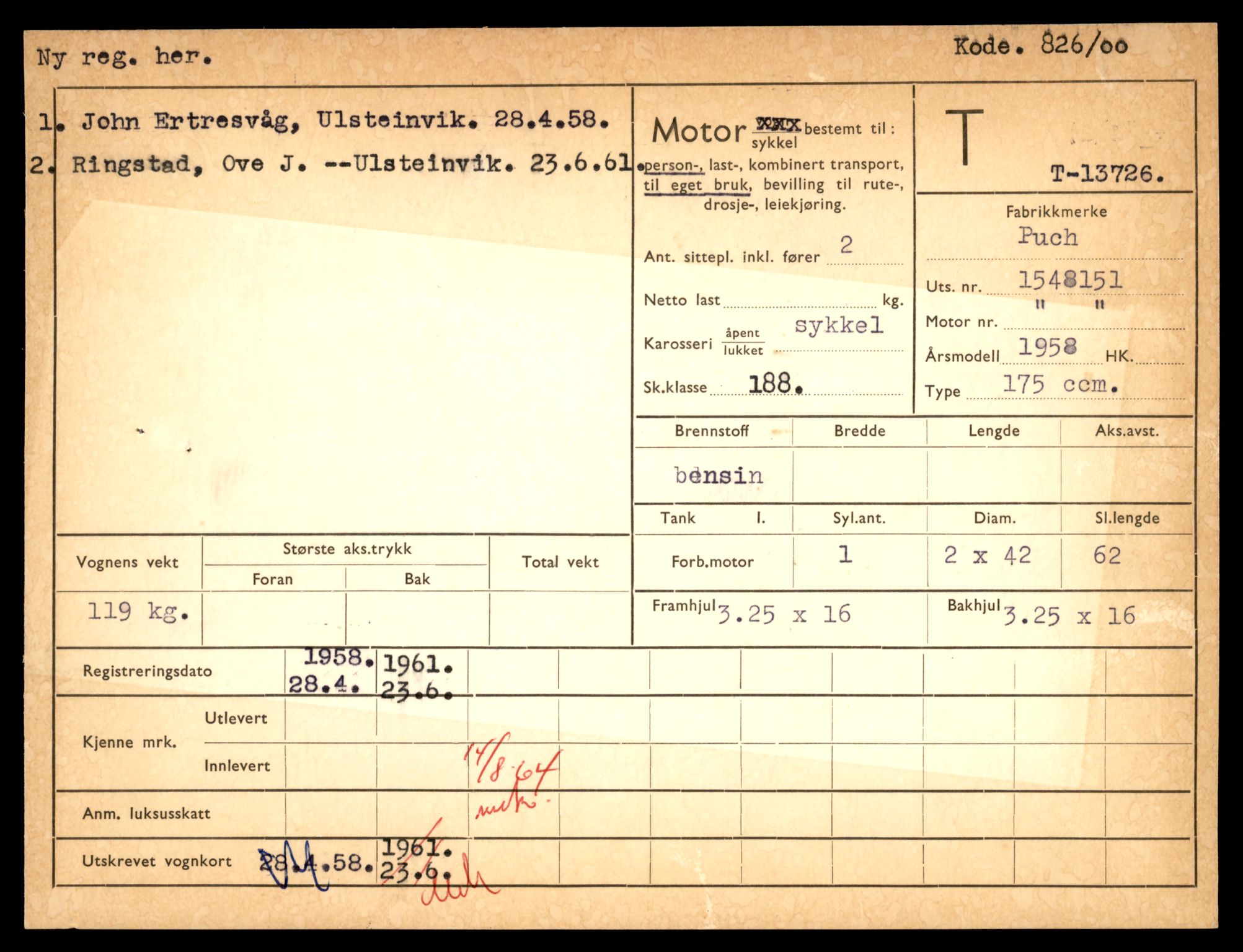 Møre og Romsdal vegkontor - Ålesund trafikkstasjon, AV/SAT-A-4099/F/Fe/L0041: Registreringskort for kjøretøy T 13710 - T 13905, 1927-1998, p. 257