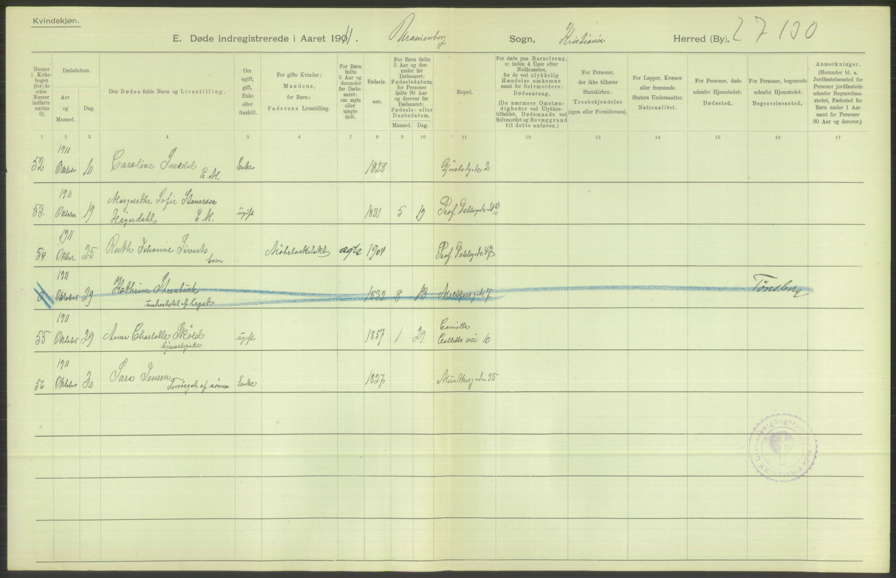 Statistisk sentralbyrå, Sosiodemografiske emner, Befolkning, RA/S-2228/D/Df/Dfb/Dfba/L0010: Kristiania: Døde kvinner samt dødfødte., 1911, p. 588