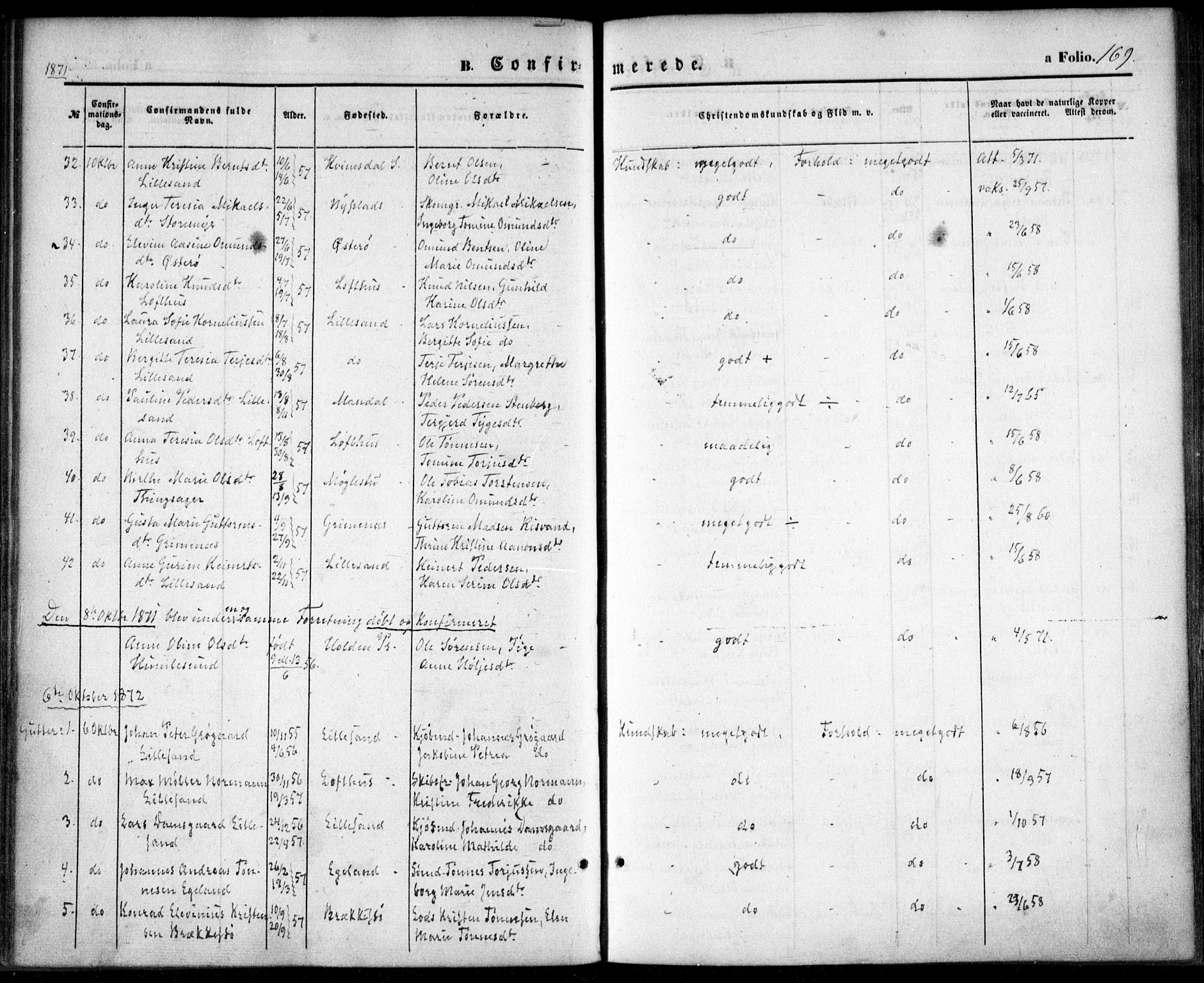 Vestre Moland sokneprestkontor, AV/SAK-1111-0046/F/Fa/Fab/L0007: Parish register (official) no. A 7, 1859-1872, p. 169