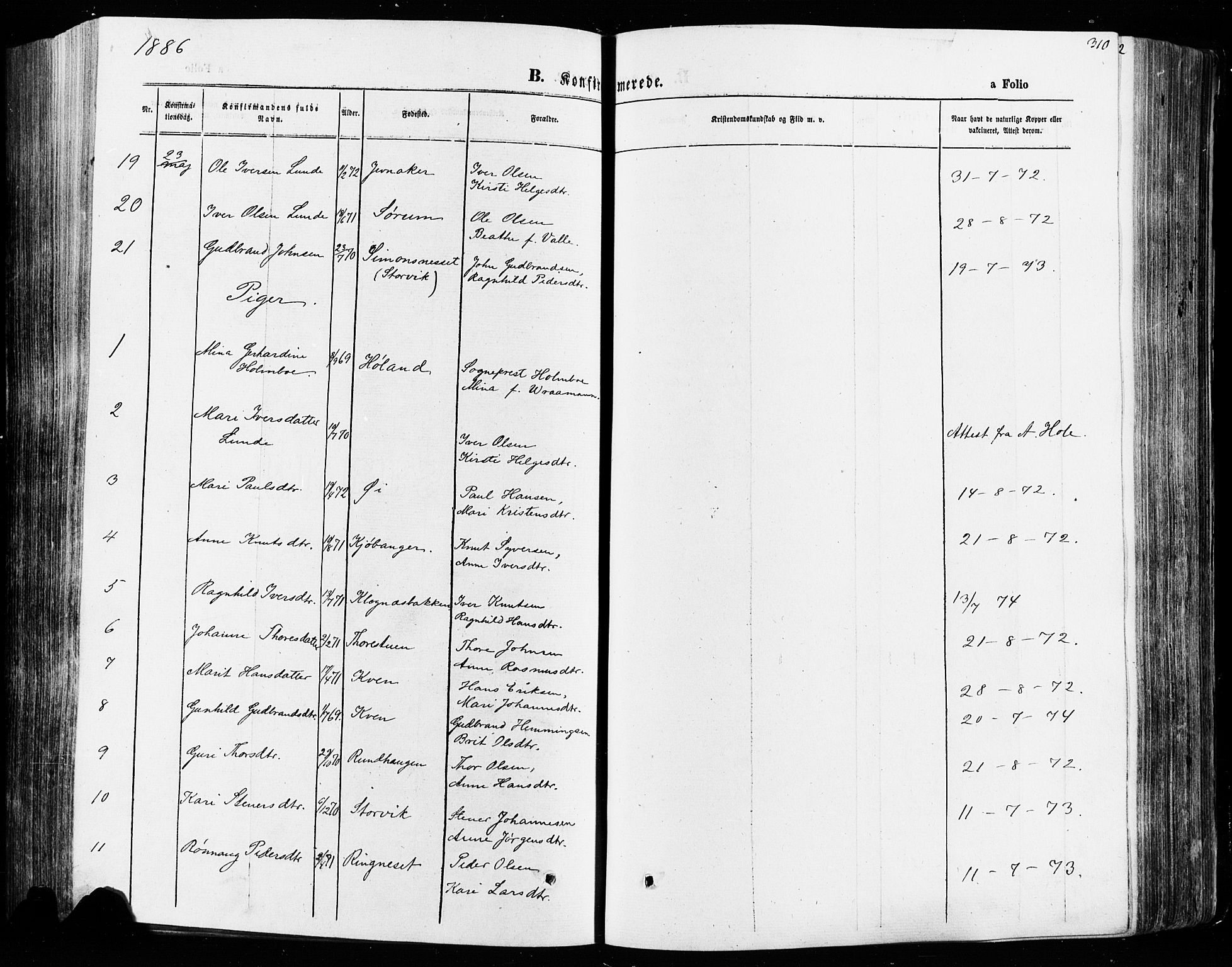Vågå prestekontor, AV/SAH-PREST-076/H/Ha/Haa/L0007: Parish register (official) no. 7 /1, 1872-1886, p. 310