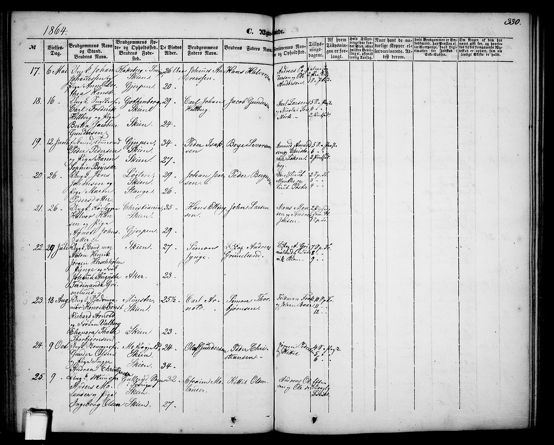 Skien kirkebøker, SAKO/A-302/G/Ga/L0004: Parish register (copy) no. 4, 1843-1867, p. 330