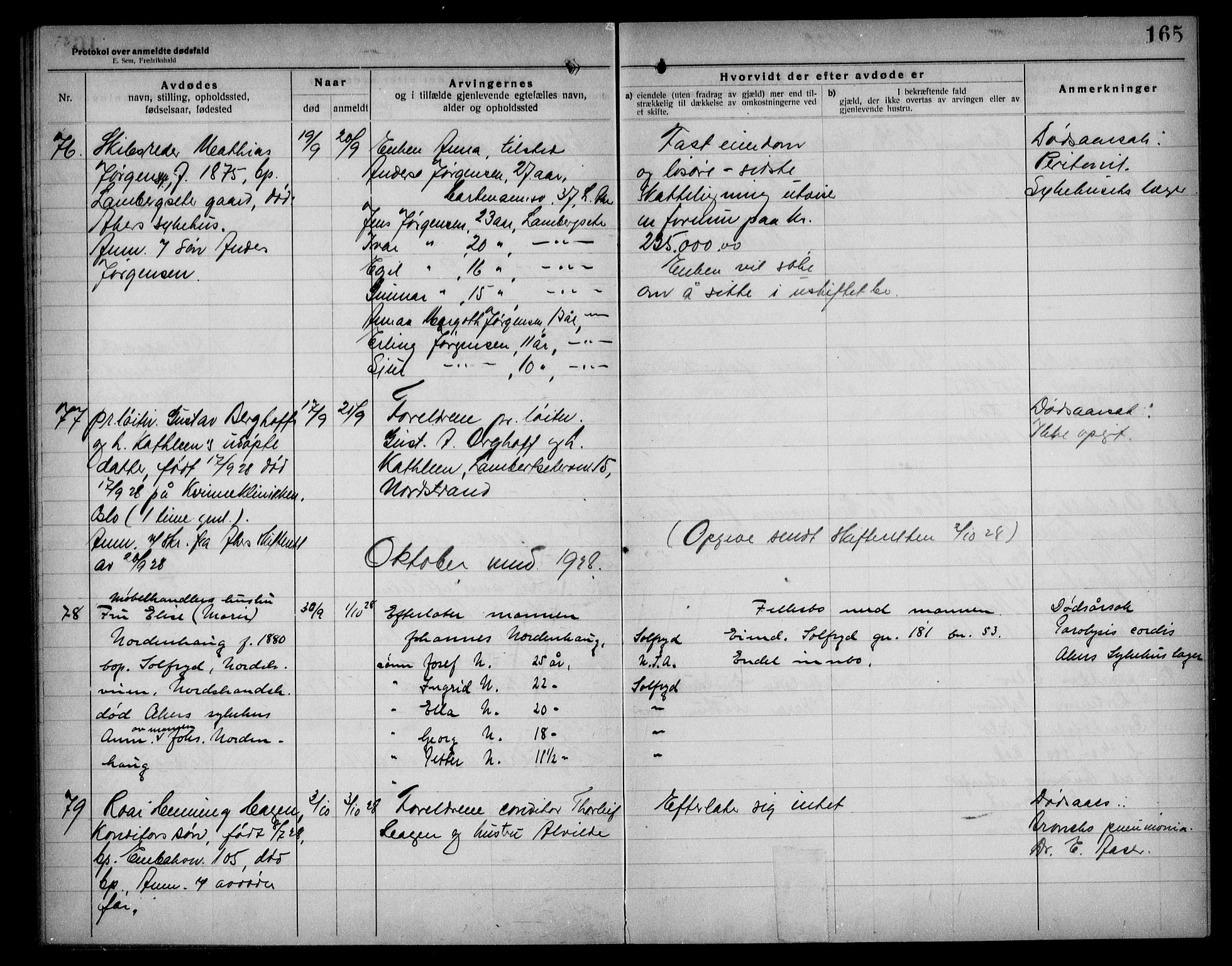 Aker kriminaldommer, skifte- og auksjonsforvalterembete, AV/SAO-A-10452/H/Hb/Hba/Hbad/L0001: Dødsfallsprotokoll for Nordstrand, 1922-1929, p. 165