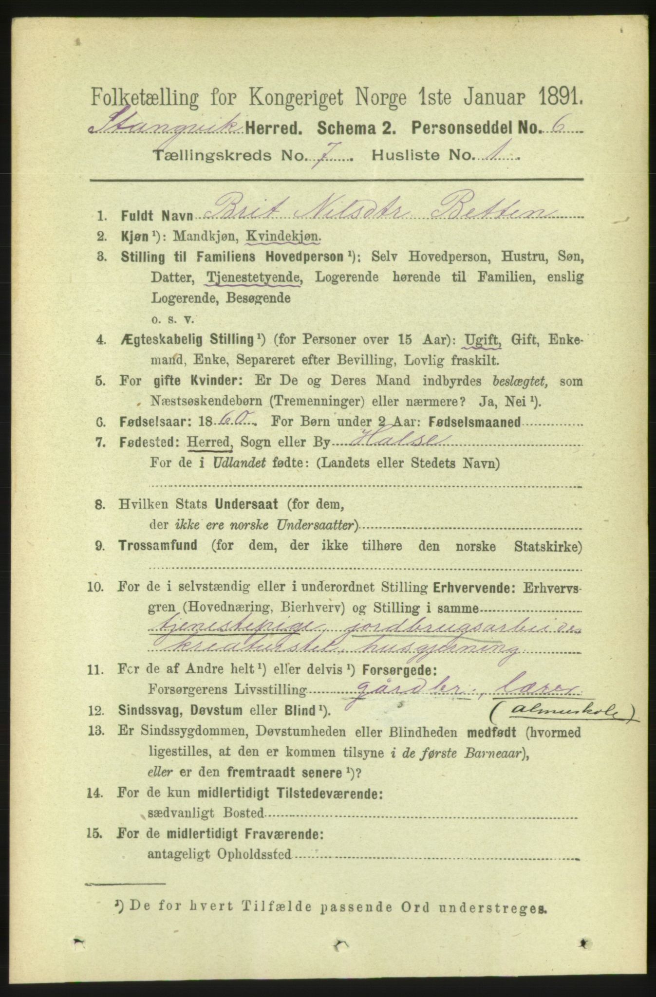 RA, 1891 census for 1564 Stangvik, 1891, p. 3018