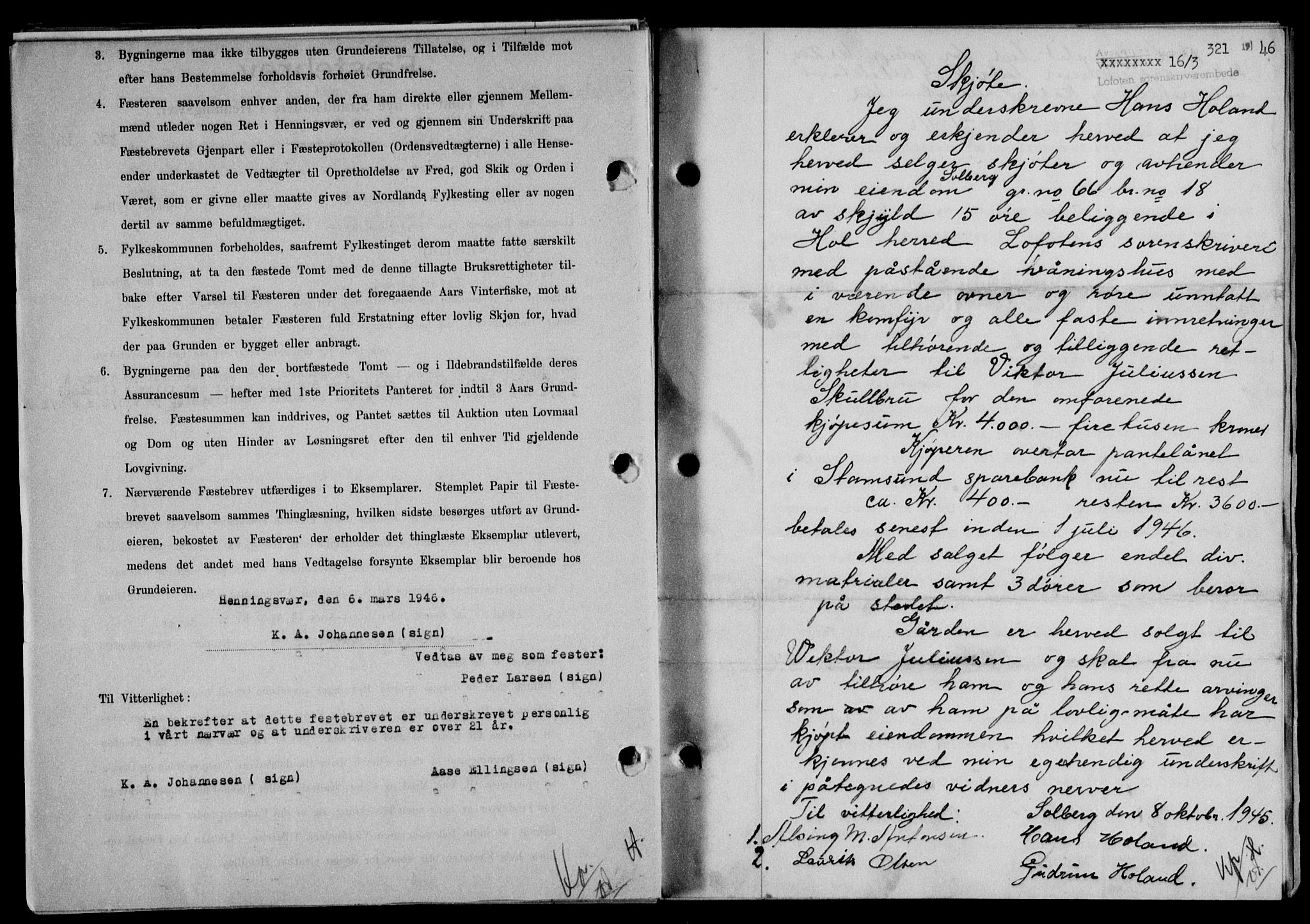 Lofoten sorenskriveri, SAT/A-0017/1/2/2C/L0013a: Mortgage book no. 13a, 1944-1946, Diary no: : 321/1946