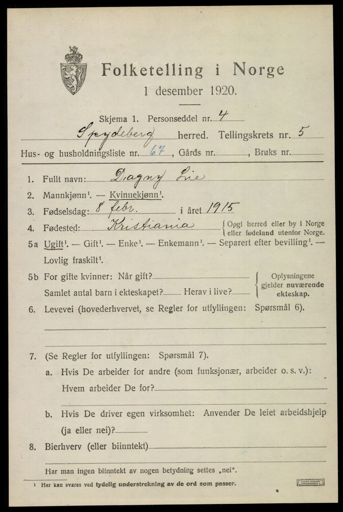 SAO, 1920 census for Spydeberg, 1920, p. 6979