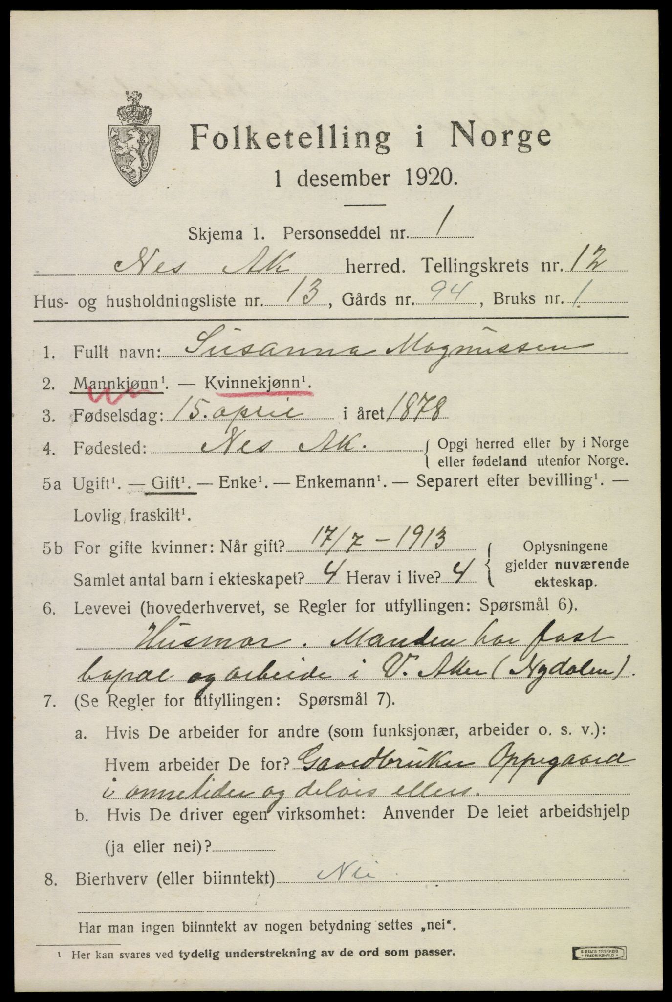 SAO, 1920 census for Nes, 1920, p. 12378