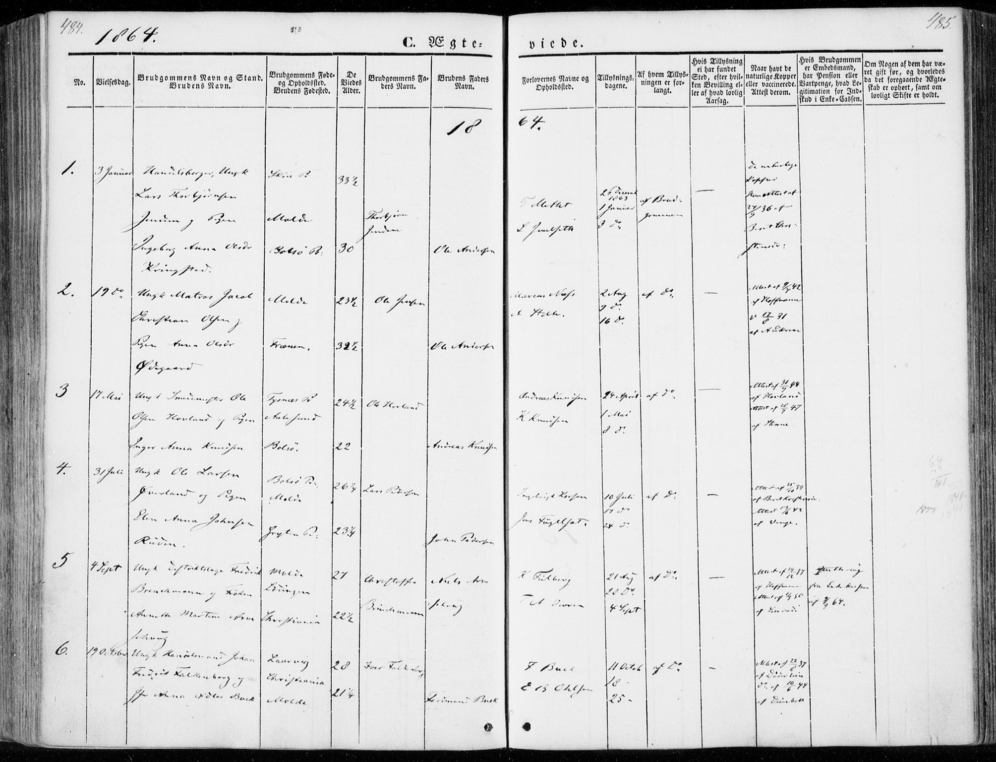 Ministerialprotokoller, klokkerbøker og fødselsregistre - Møre og Romsdal, AV/SAT-A-1454/558/L0689: Parish register (official) no. 558A03, 1843-1872, p. 484-485