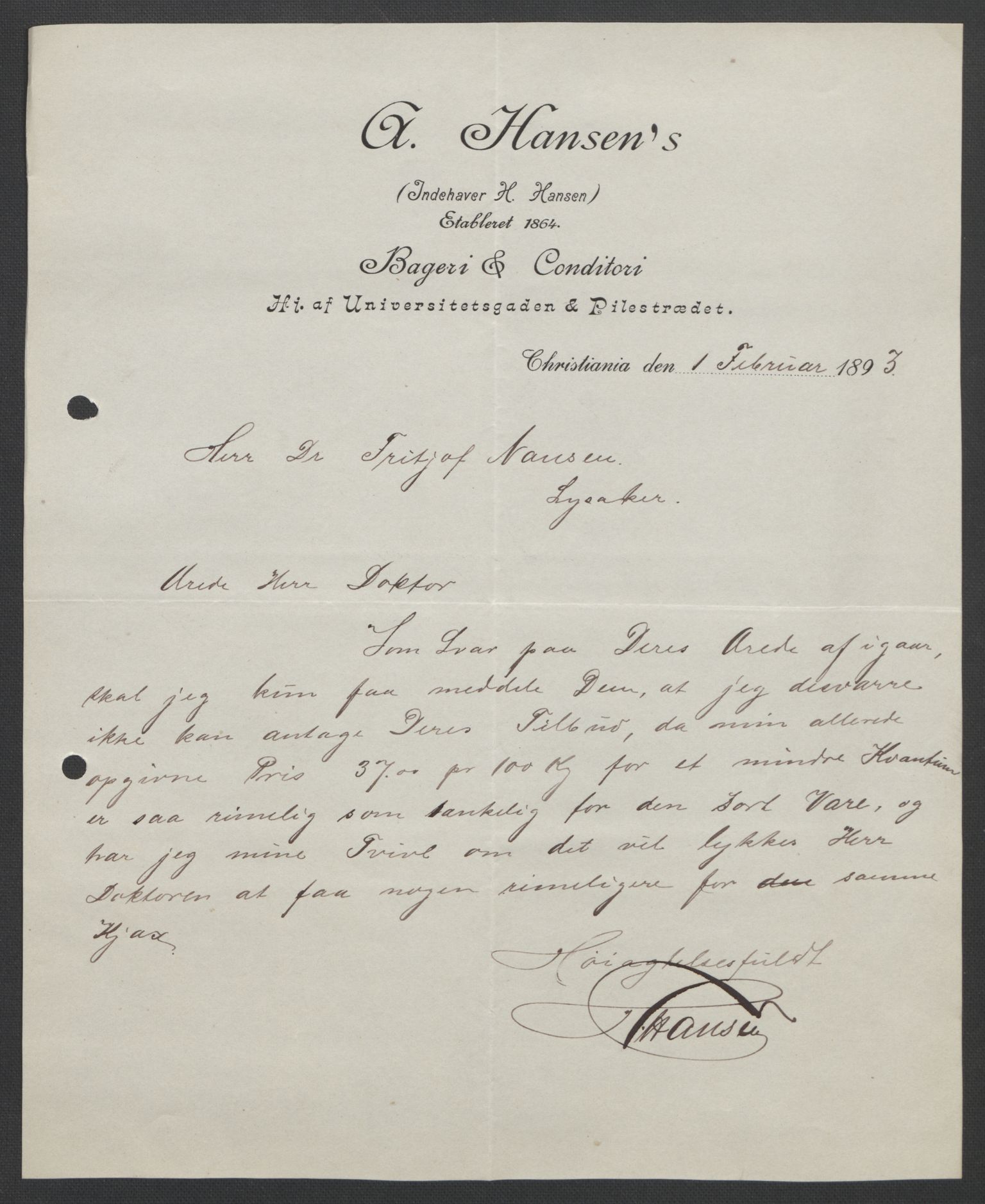 Arbeidskomitéen for Fridtjof Nansens polarekspedisjon, AV/RA-PA-0061/D/L0004: Innk. brev og telegrammer vedr. proviant og utrustning, 1892-1893, p. 200