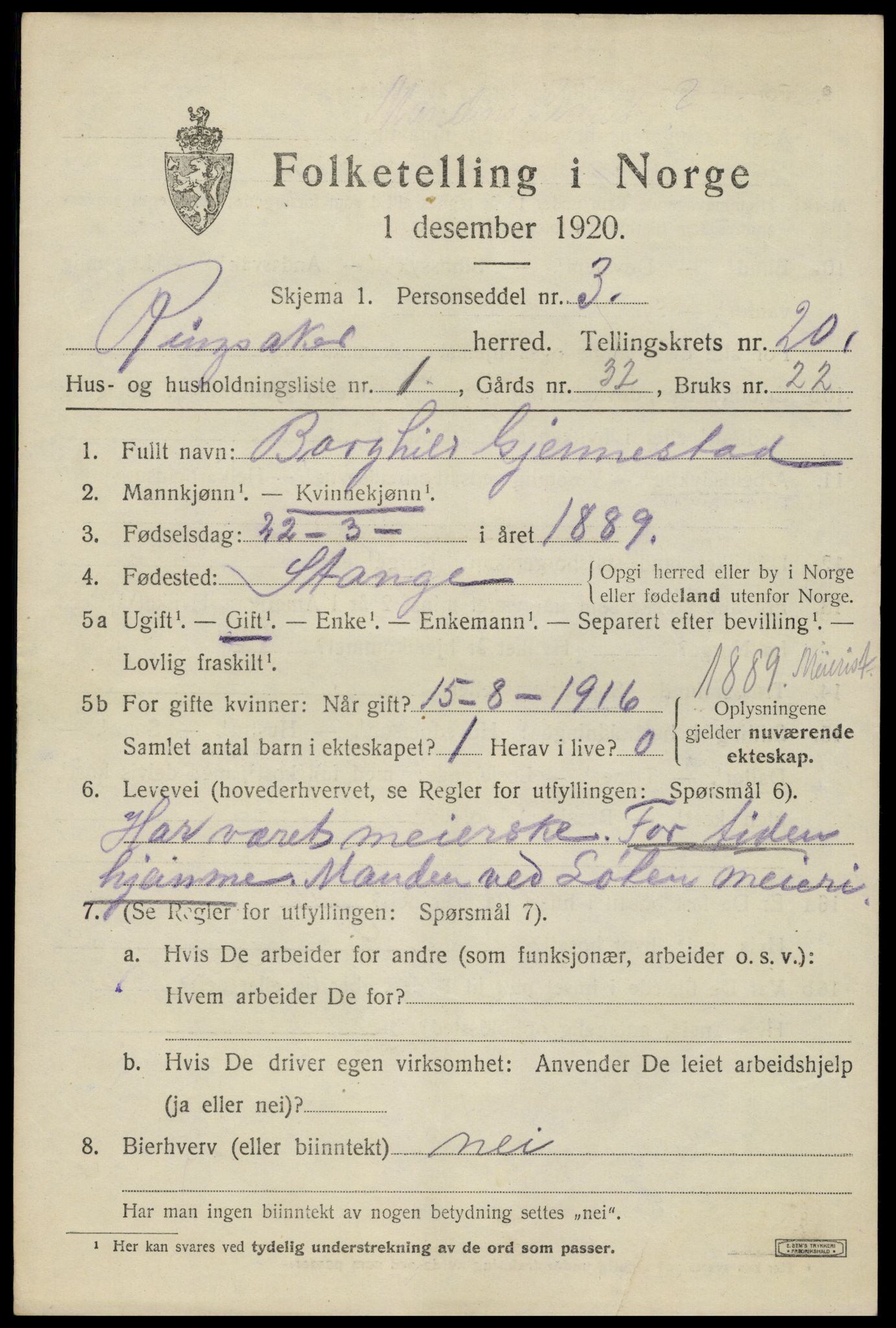 SAH, 1920 census for Ringsaker, 1920, p. 26990