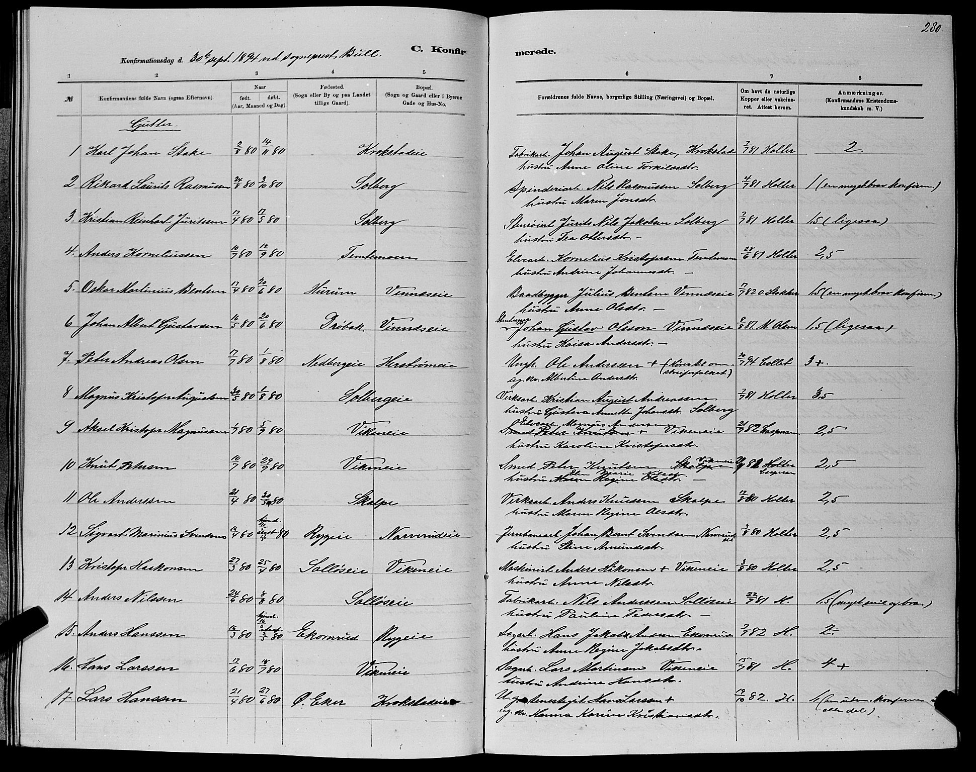 Nedre Eiker kirkebøker, AV/SAKO-A-612/G/Ga/L0002: Parish register (copy) no. 2, 1880-1896, p. 280