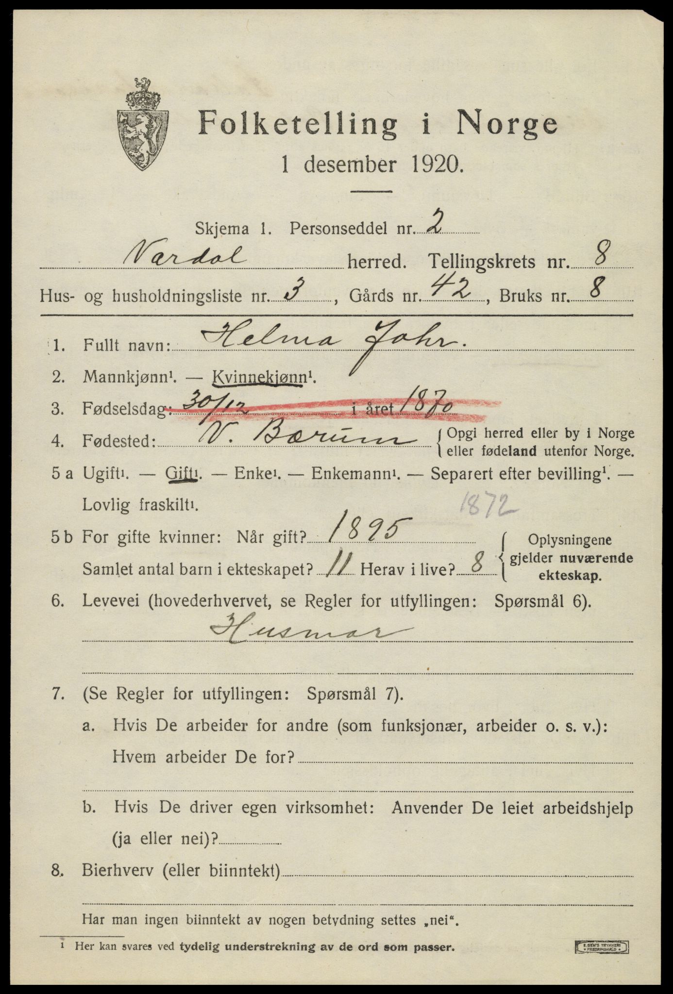 SAH, 1920 census for Vardal, 1920, p. 5739