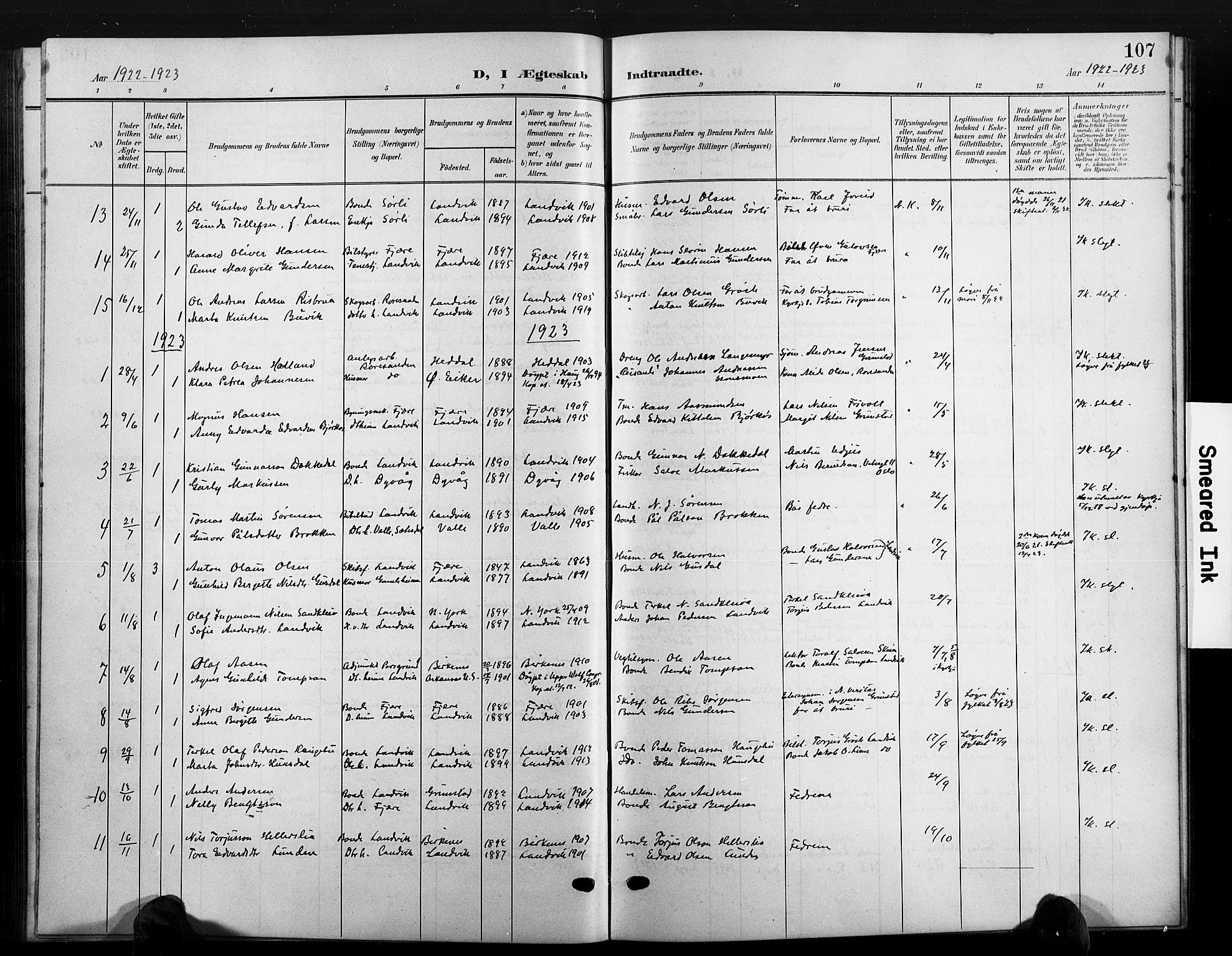 Hommedal sokneprestkontor, AV/SAK-1111-0023/F/Fb/Fbb/L0008: Parish register (copy) no. B 8, 1905-1929, p. 107