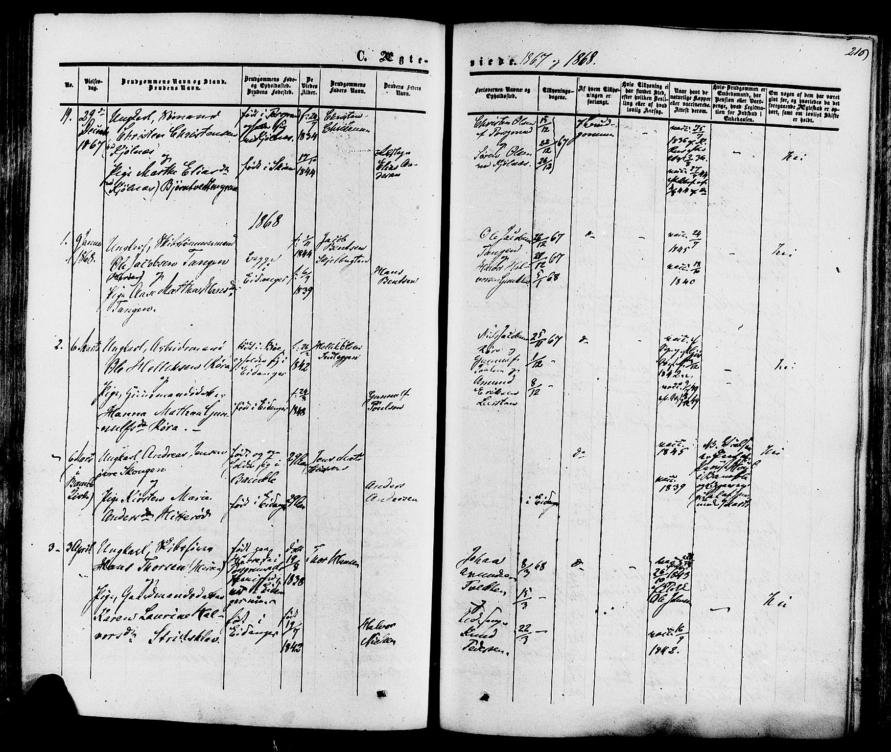 Eidanger kirkebøker, SAKO/A-261/F/Fa/L0010: Parish register (official) no. 10, 1859-1874, p. 216