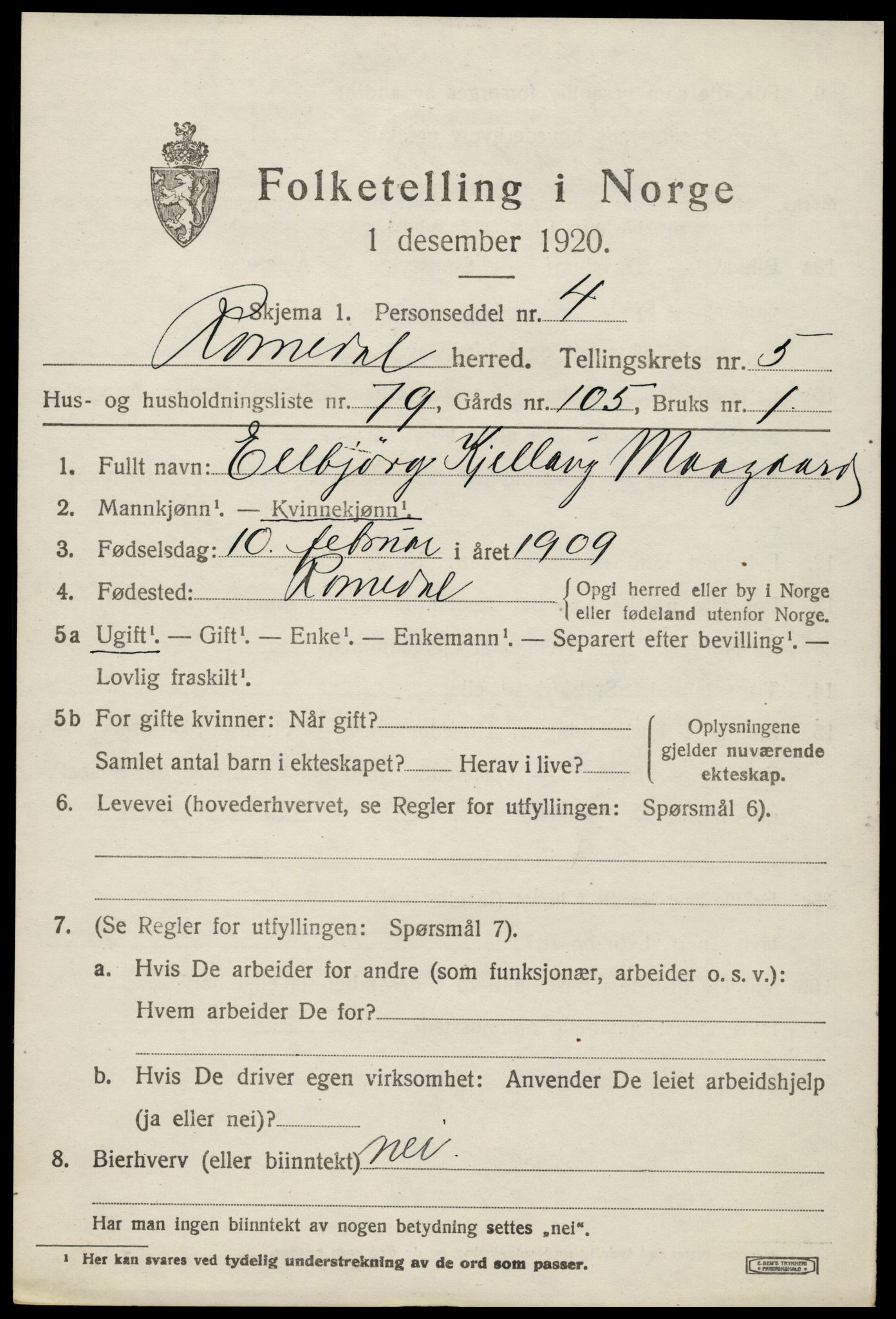 SAH, 1920 census for Romedal, 1920, p. 7751