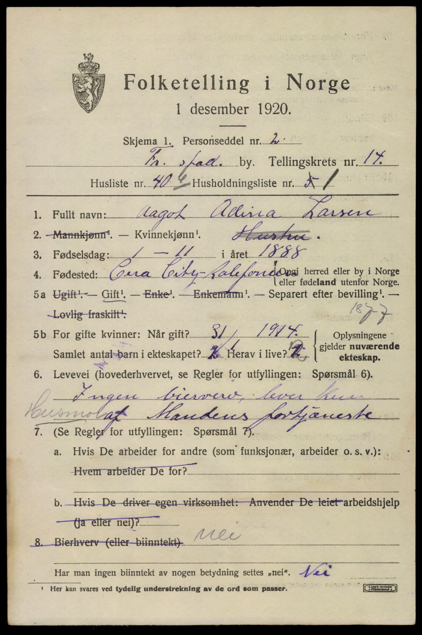 SAO, 1920 census for Fredrikstad, 1920, p. 34031