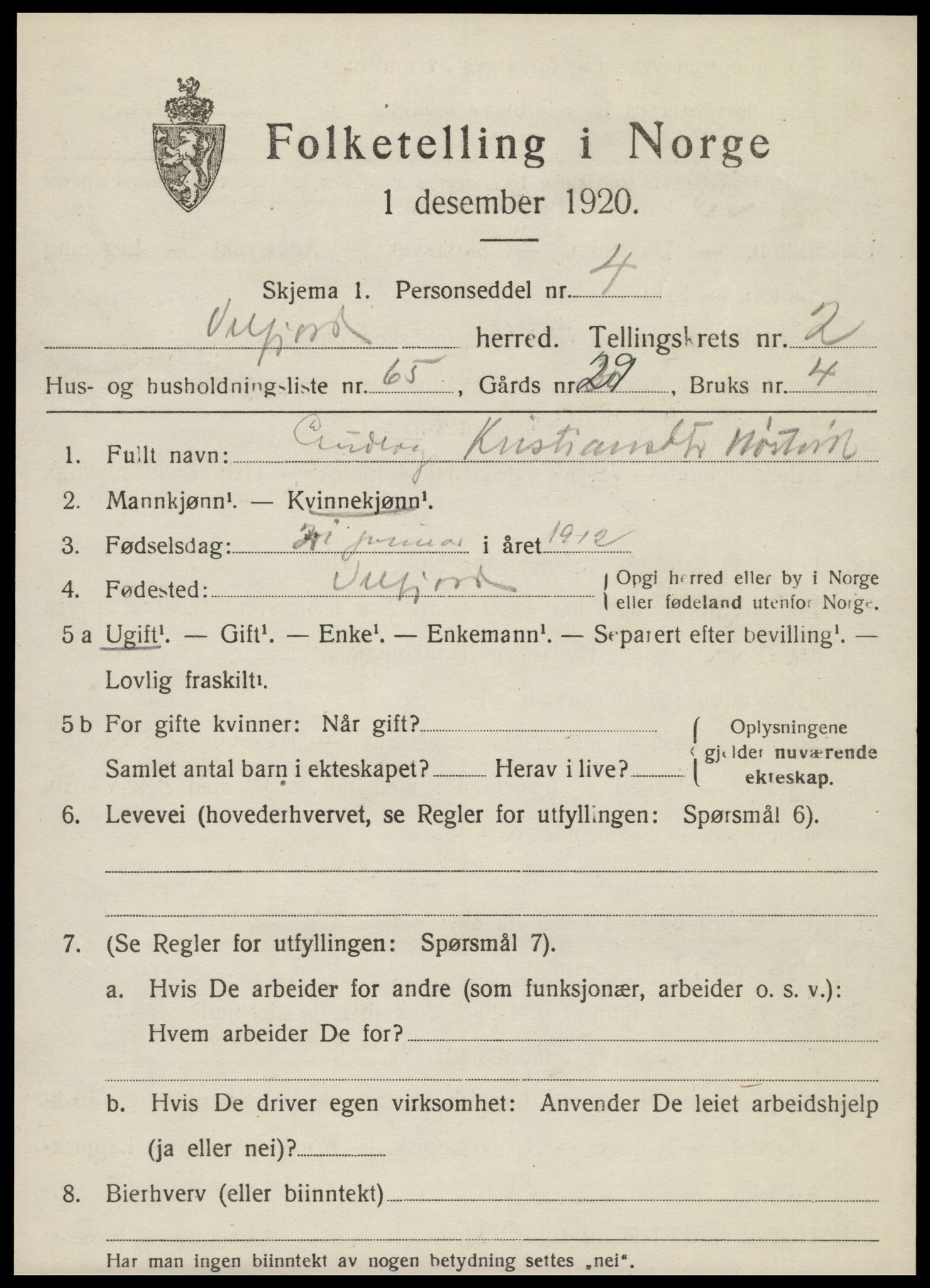 SAT, 1920 census for Velfjord, 1920, p. 1909