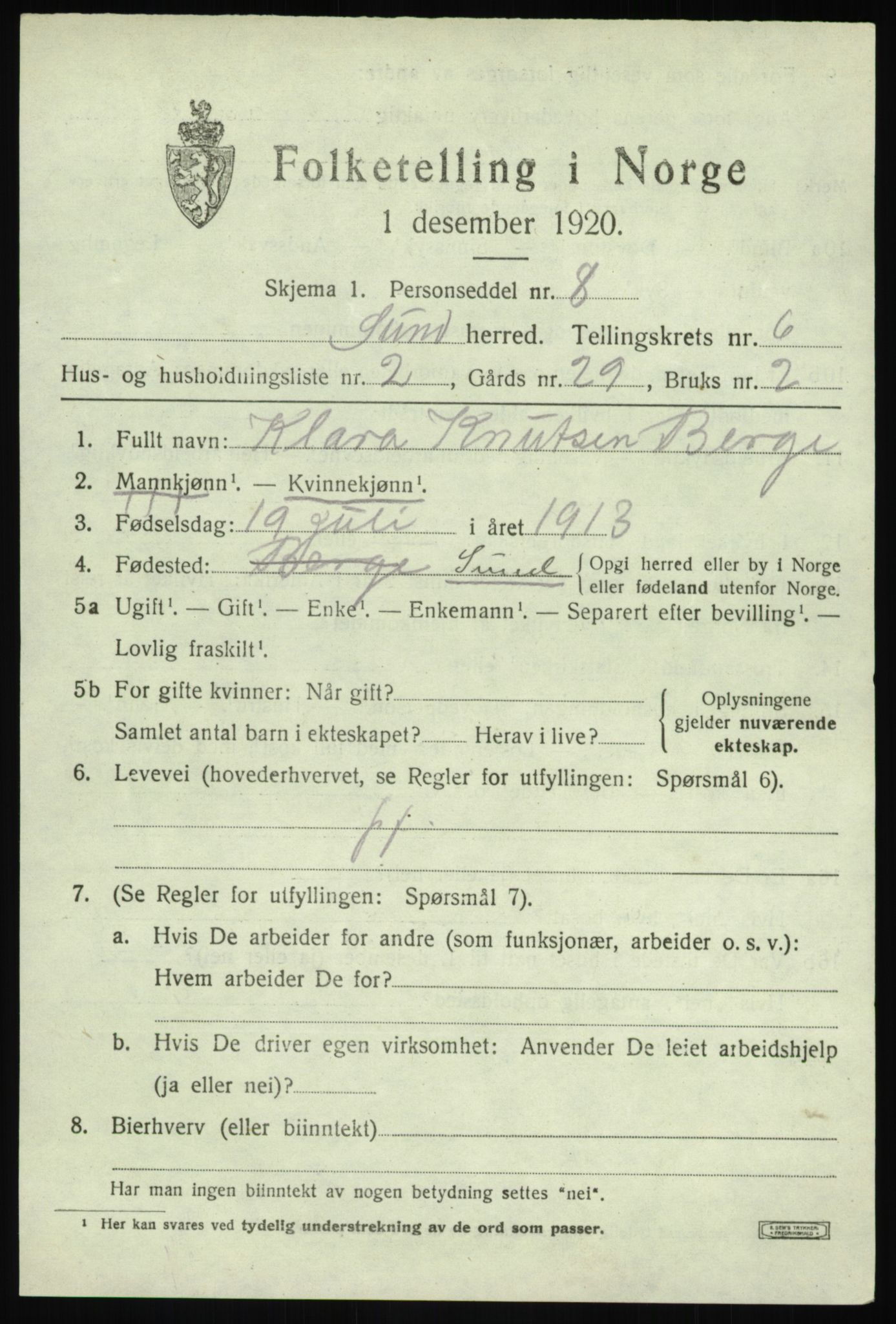 SAB, 1920 census for Sund, 1920, p. 3895