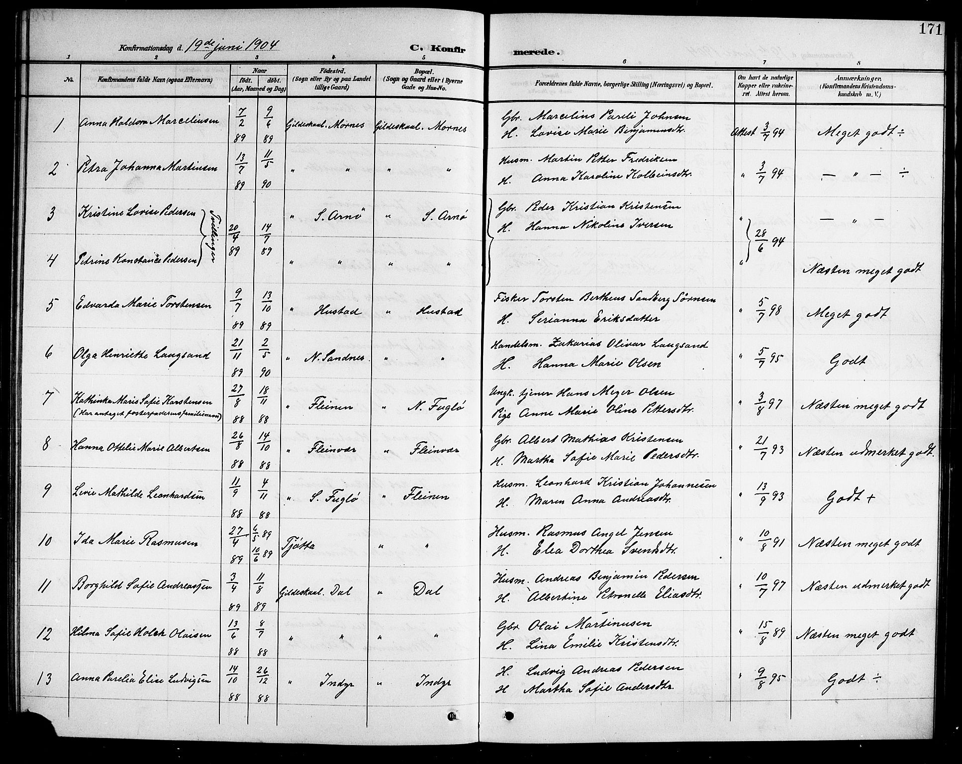 Ministerialprotokoller, klokkerbøker og fødselsregistre - Nordland, AV/SAT-A-1459/805/L0109: Parish register (copy) no. 805C05, 1900-1911, p. 171