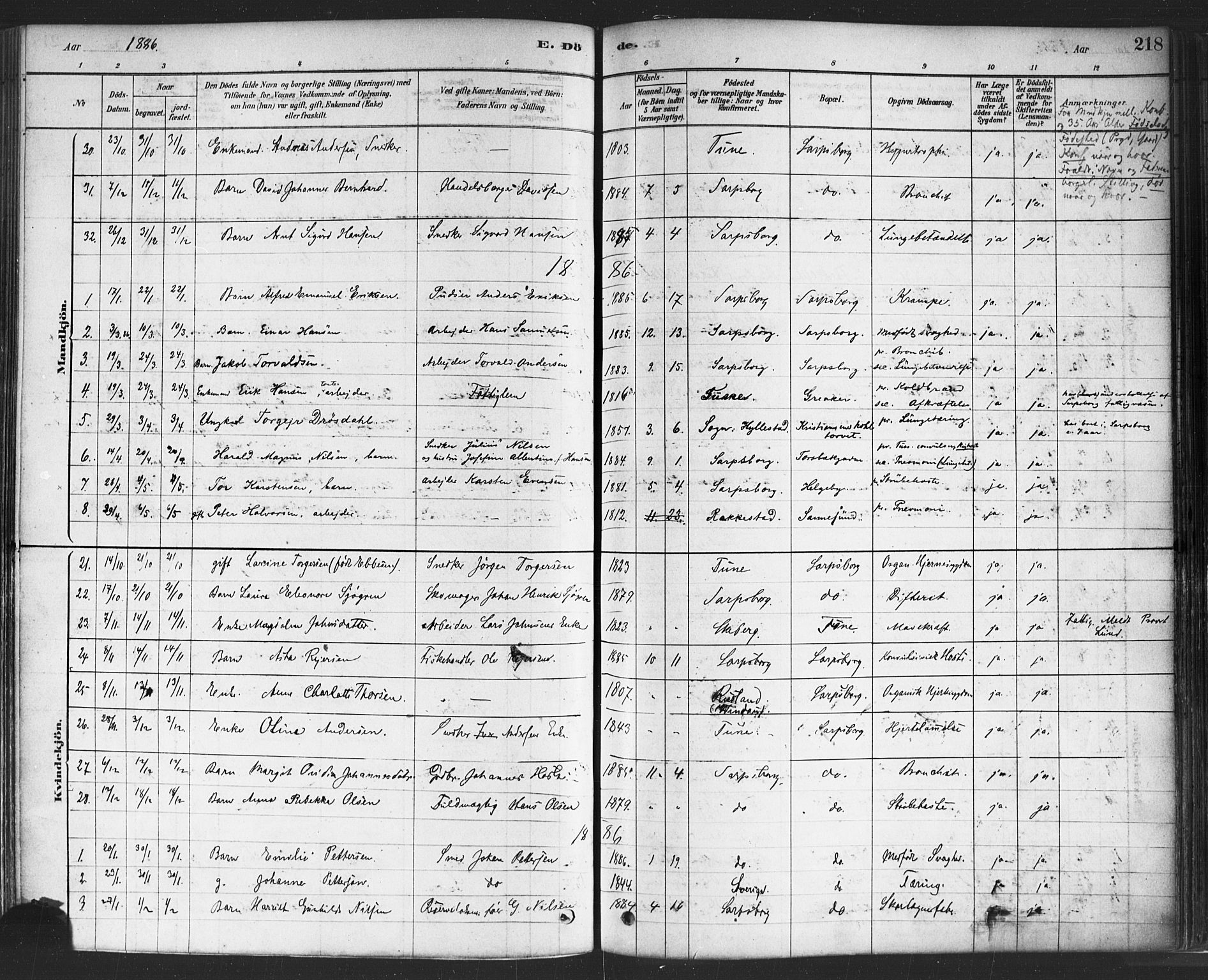Sarpsborg prestekontor Kirkebøker, SAO/A-2006/F/Fa/L0003: Parish register (official) no. 3, 1878-1891, p. 218