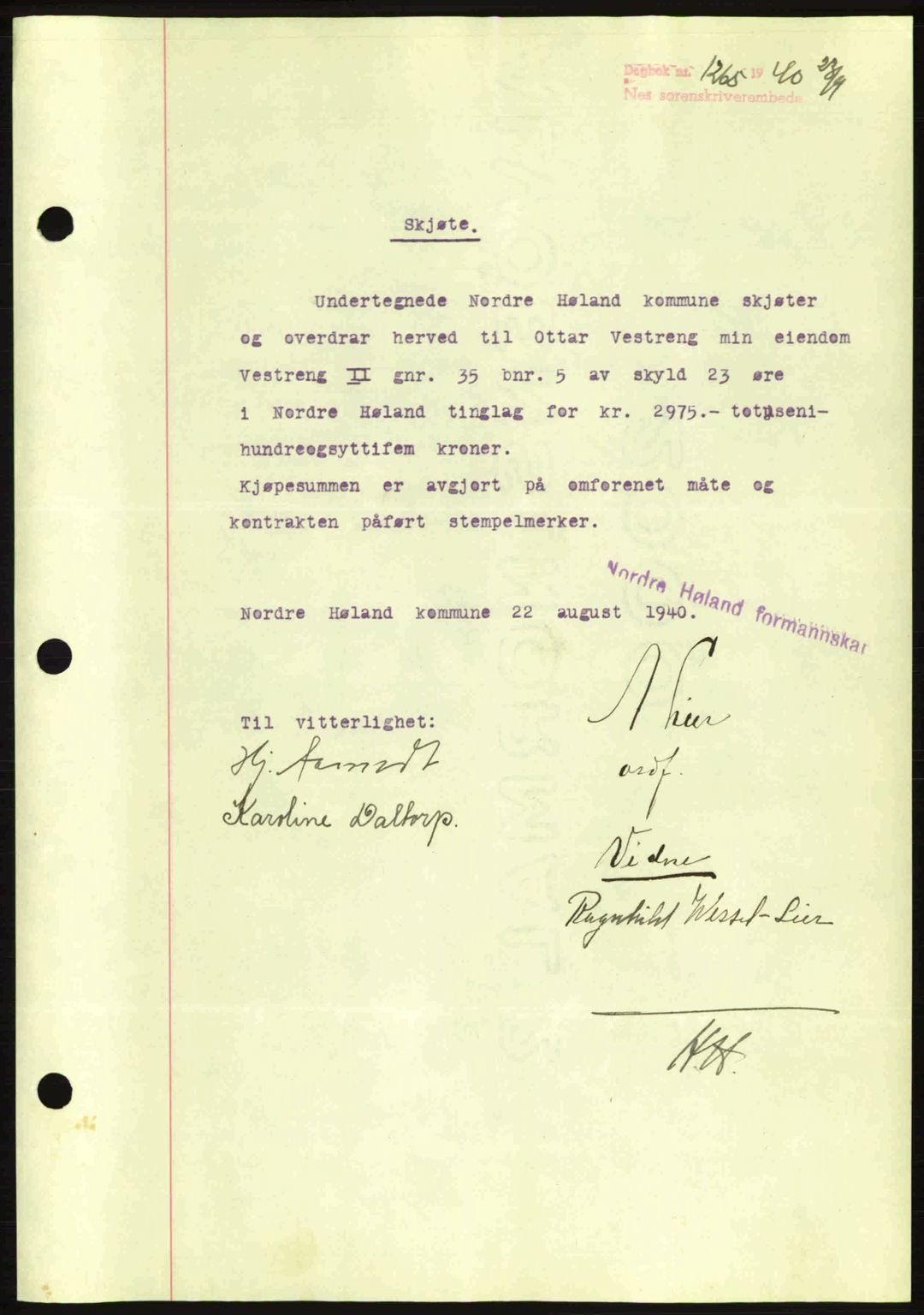 Nes tingrett, SAO/A-10548/G/Gb/Gbb/L0010: Mortgage book no. 54, 1939-1940, Diary no: : 1265/1940