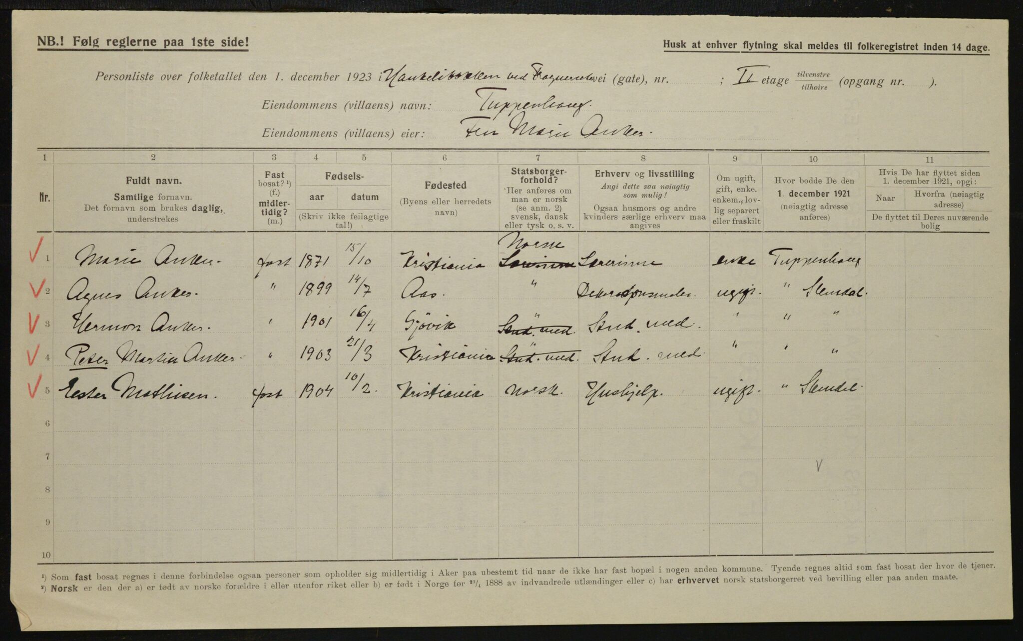 , Municipal Census 1923 for Aker, 1923, p. 9657