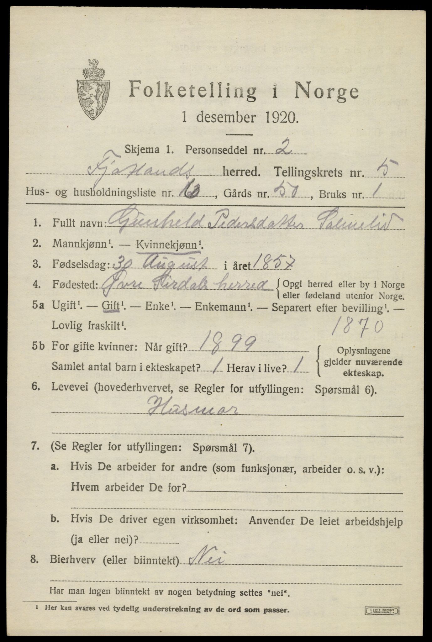 SAK, 1920 census for Fjotland, 1920, p. 1590