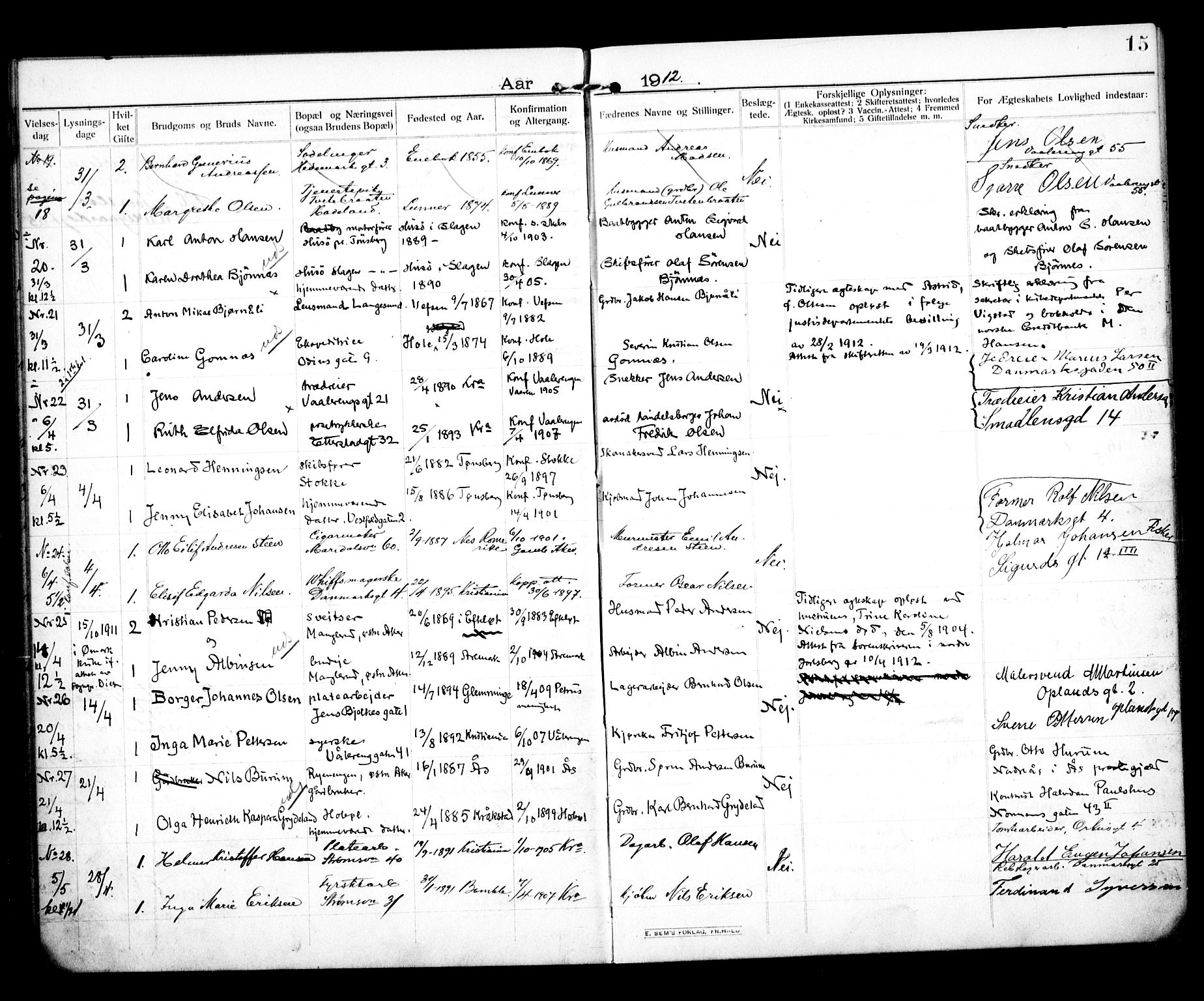 Vålerengen prestekontor Kirkebøker, SAO/A-10878/H/Ha/L0002: Banns register no. 2, 1910-1918, p. 15