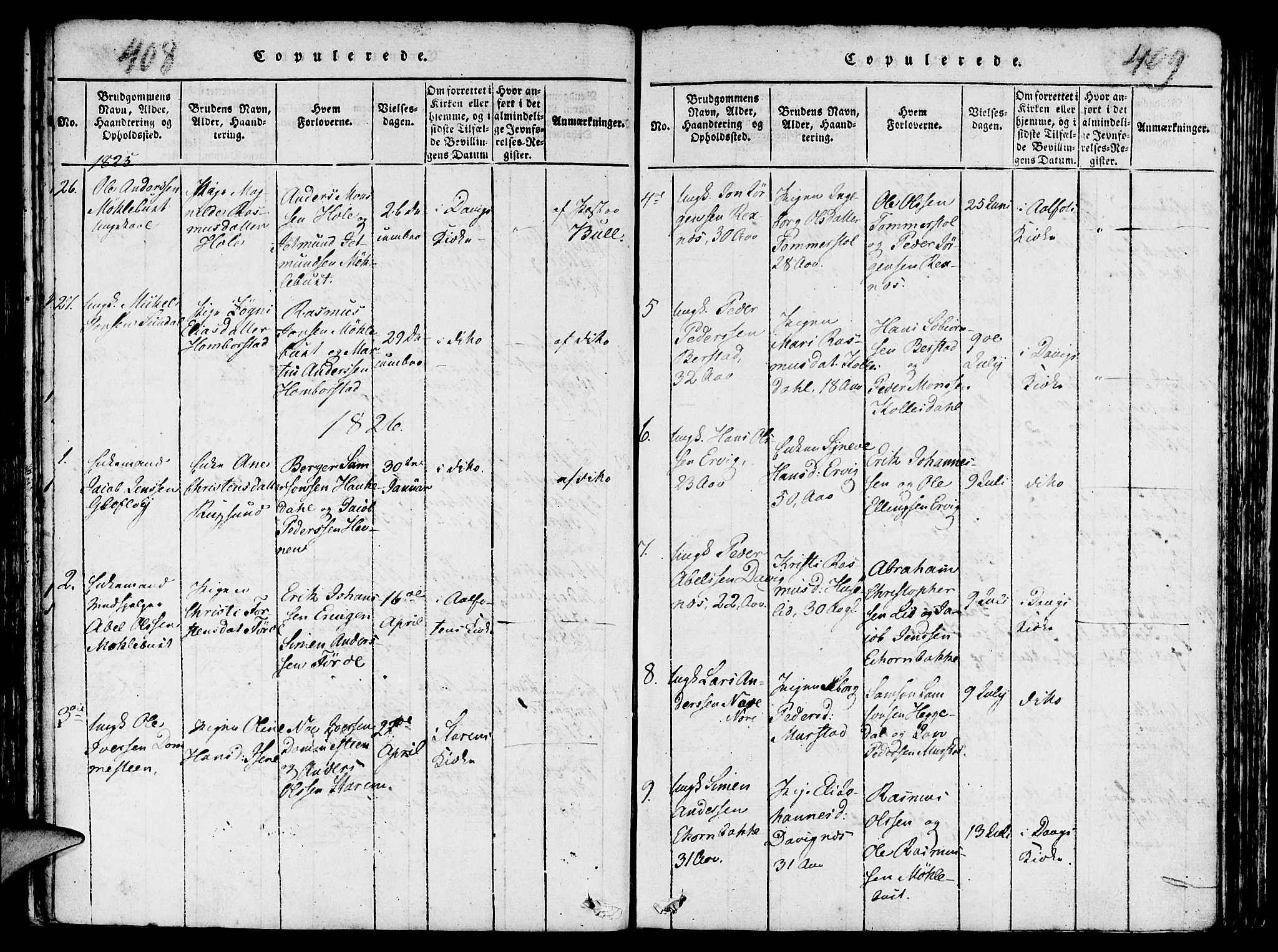 Davik sokneprestembete, AV/SAB-A-79701/H/Haa/Haaa/L0003: Parish register (official) no. A 3, 1816-1830, p. 408-409