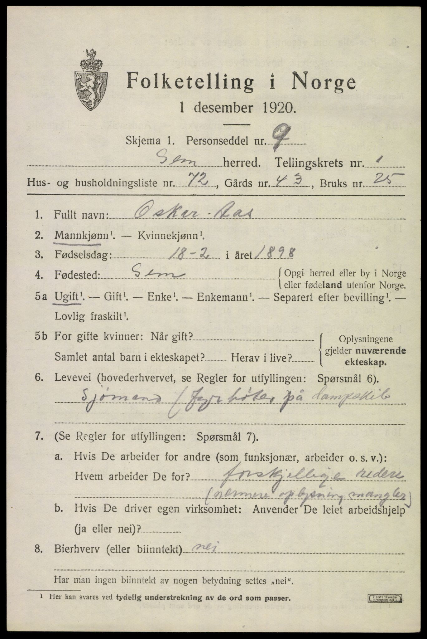 SAKO, 1920 census for Sem, 1920, p. 3549