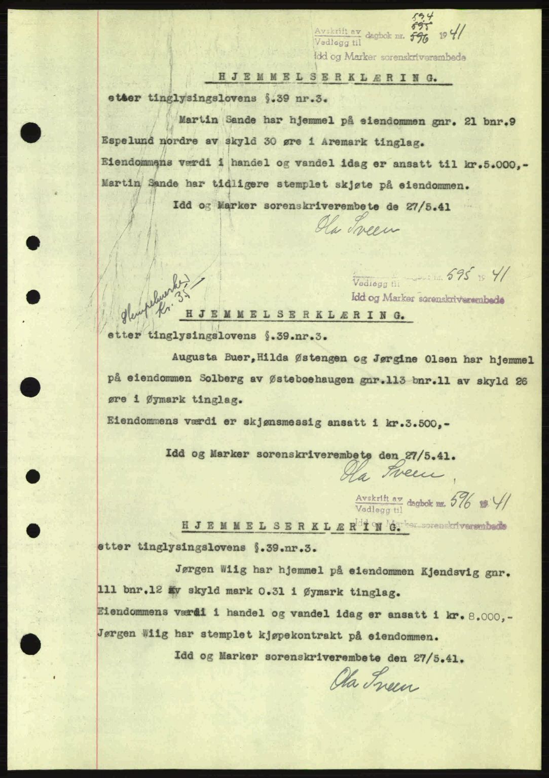 Idd og Marker sorenskriveri, AV/SAO-A-10283/G/Gb/Gbb/L0004: Mortgage book no. A4, 1940-1941, Diary no: : 594/1941